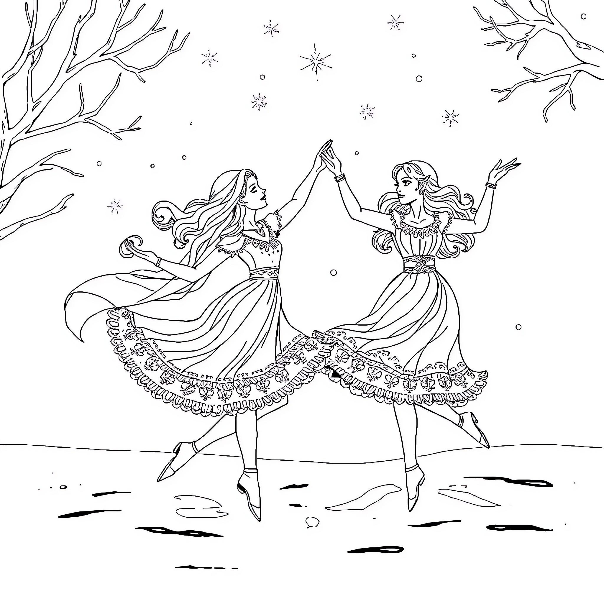 Snow Queens Dancing in Winter Wonderland Coloring Page (free black-and-white line drawing printable PDF for all, from beginners to advanced learners, including children, teens, adults, and seniors)
