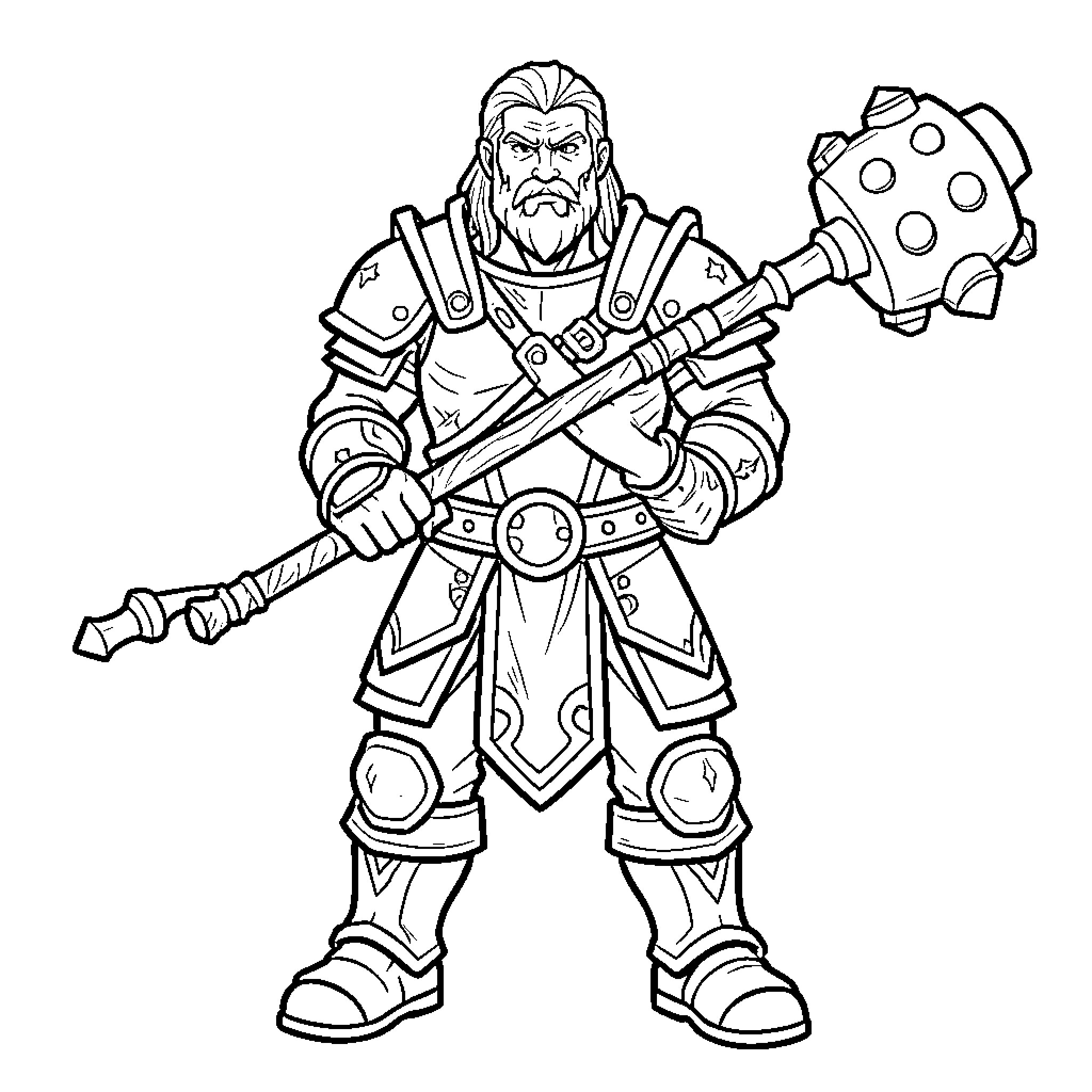 Runescape Player in heavy armor wielding a large mace Coloring Page (free black-and-white line drawing printable PDF for all, from beginners to advanced learners, including children, teens, adults, and seniors)