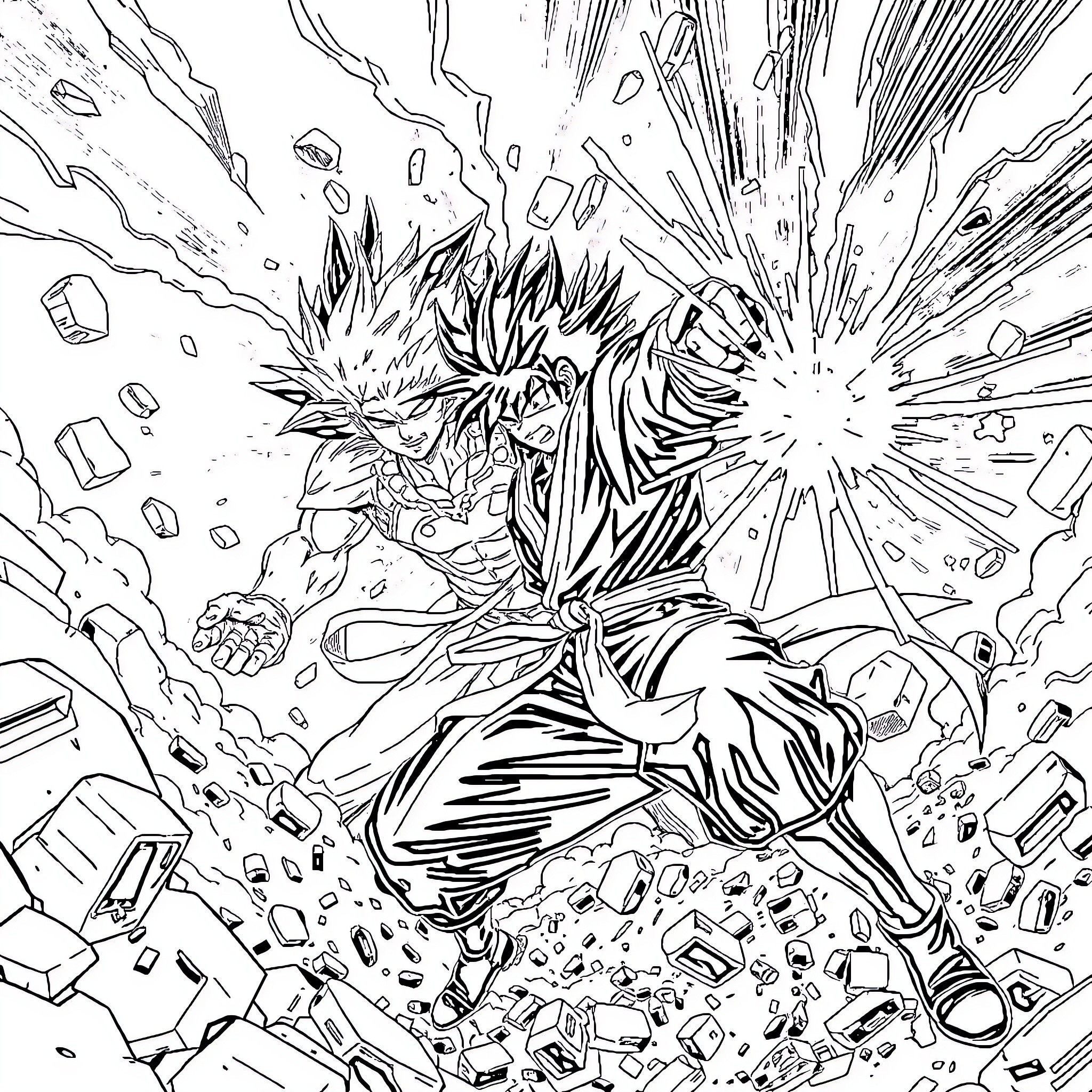 Gojo's Explosive Anime Showdown Coloring Page (free black-and-white line drawing printable PDF for all, from beginners to advanced learners, including children, teens, adults, and seniors)