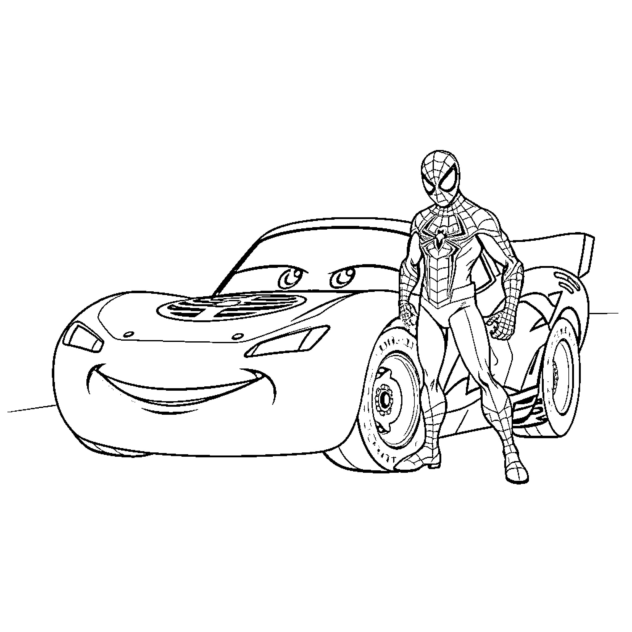 Rayo McQueen and Spider-Man's Roadside Adventure Coloring Page (free black-and-white line drawing printable PDF for all, from beginners to advanced learners, including children, teens, adults, and seniors)