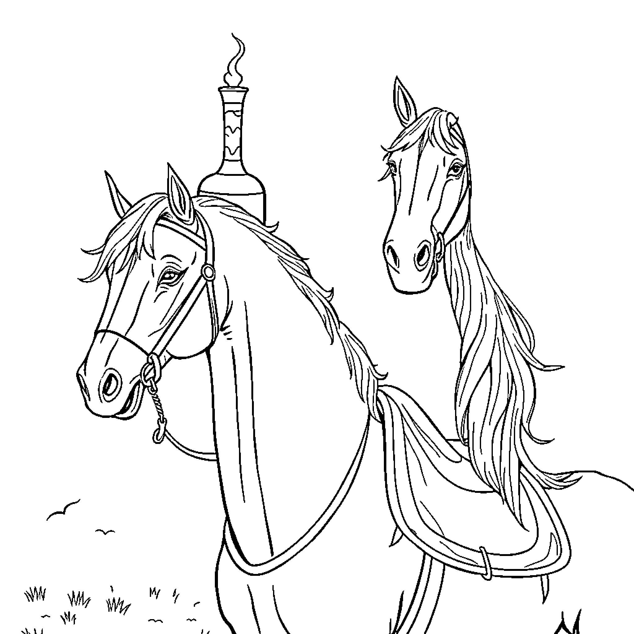 Goblet-shaped figures atop horses in elegant scene Coloring Page (free black-and-white line drawing printable PDF for all, from beginners to advanced learners, including children, teens, adults, and seniors)
