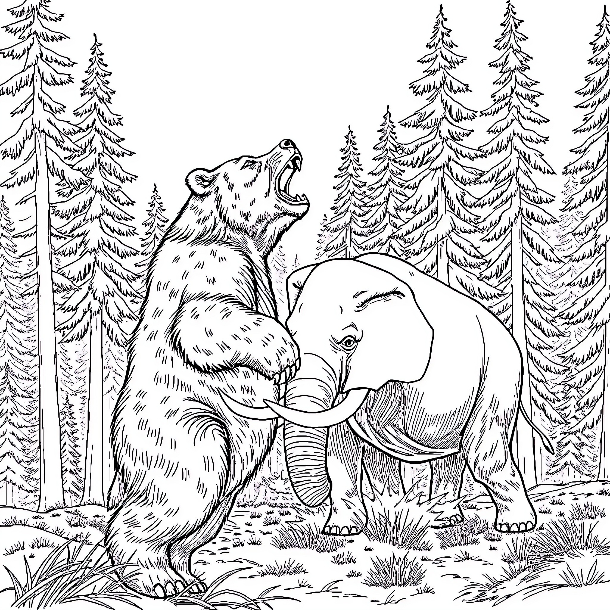 Bear Roaring and Resting in Forested Wilderness Coloring Page (free black-and-white line drawing printable PDF for all, from beginners to advanced learners, including children, teens, adults, and seniors)