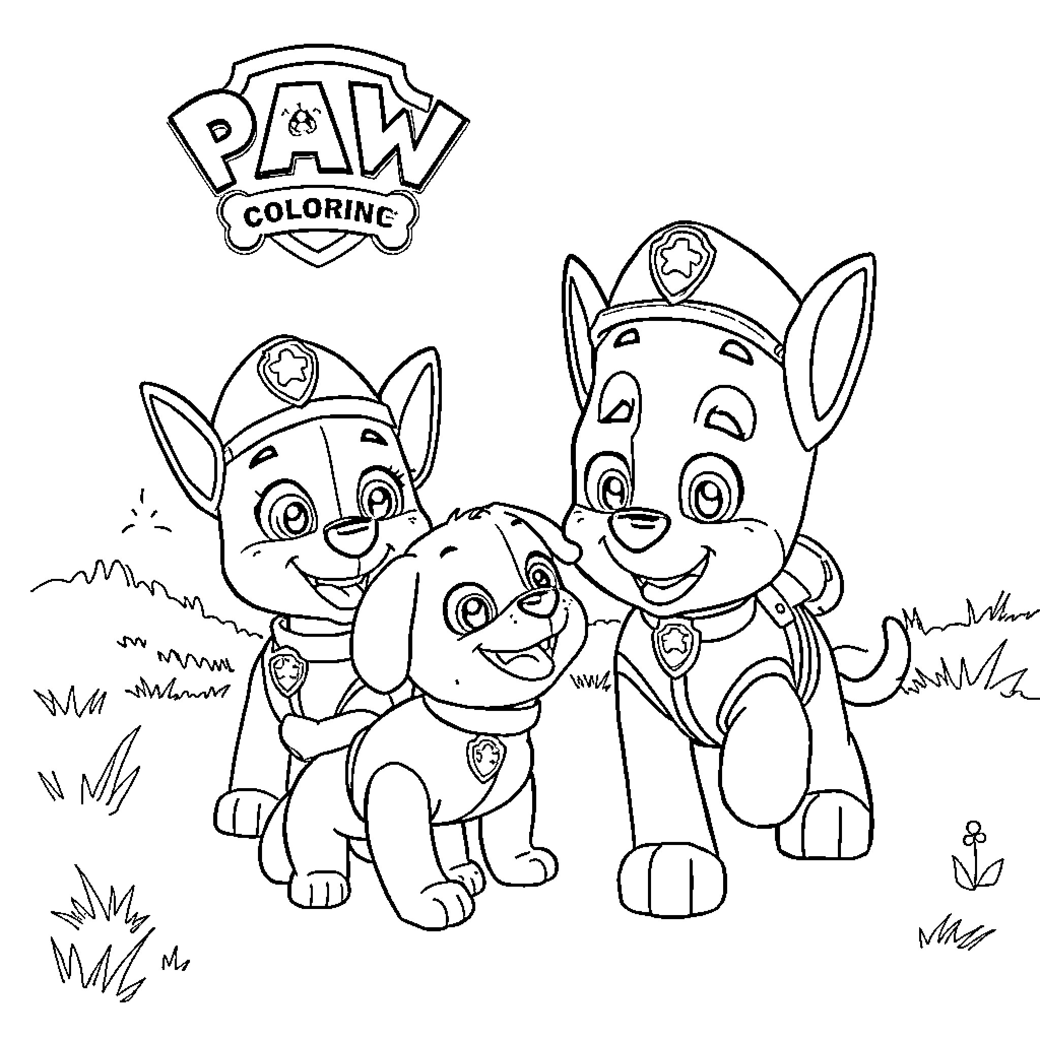 Paw Patrol Pups Having Fun Outdoors Coloring Page (free black-and-white line drawing printable PDF for all, from beginners to advanced learners, including children, teens, adults, and seniors)