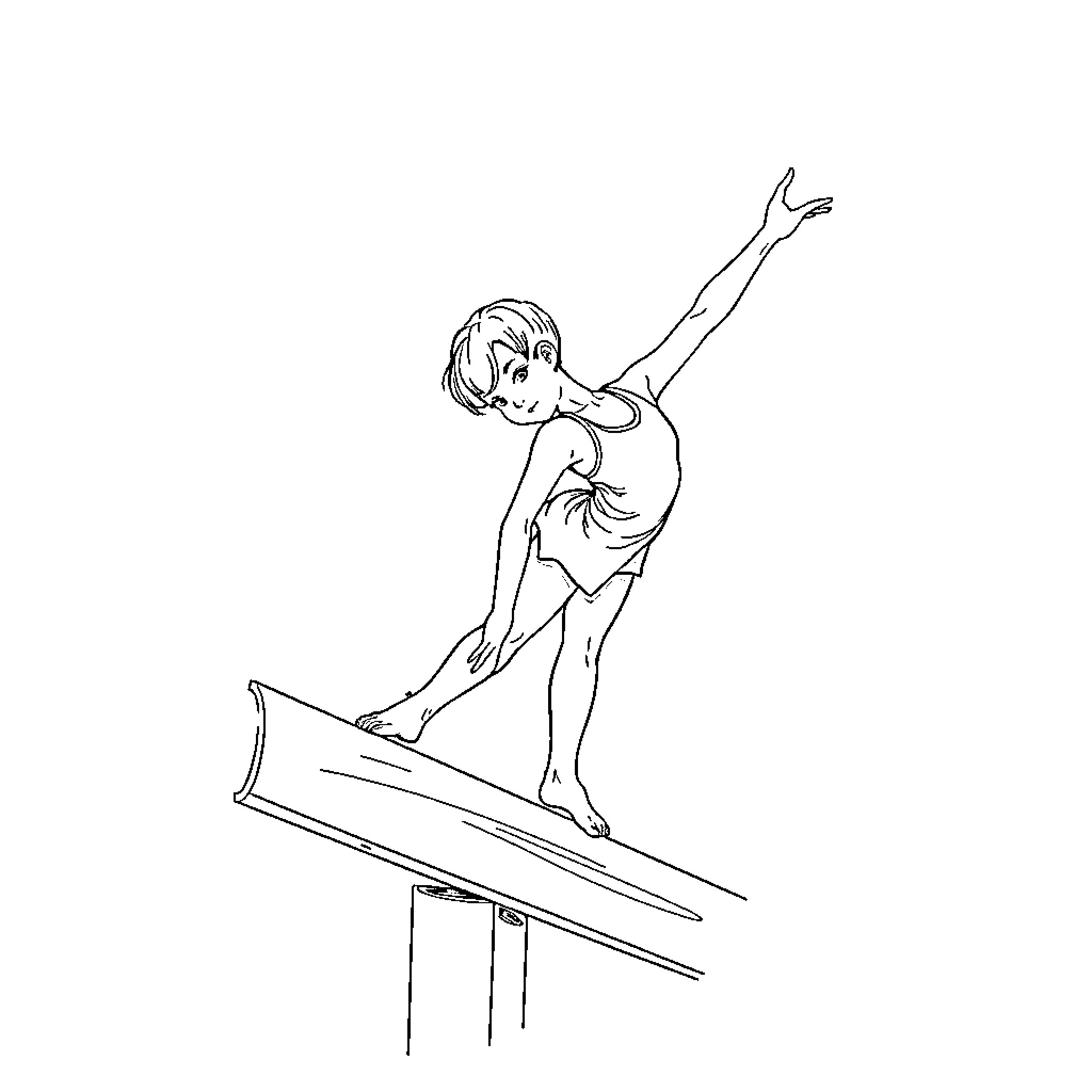 Girl Performing Gymnastics Routine on Uneven Bars Coloring Page (free black-and-white line drawing printable PDF for all, from beginners to advanced learners, including children, teens, adults, and seniors)