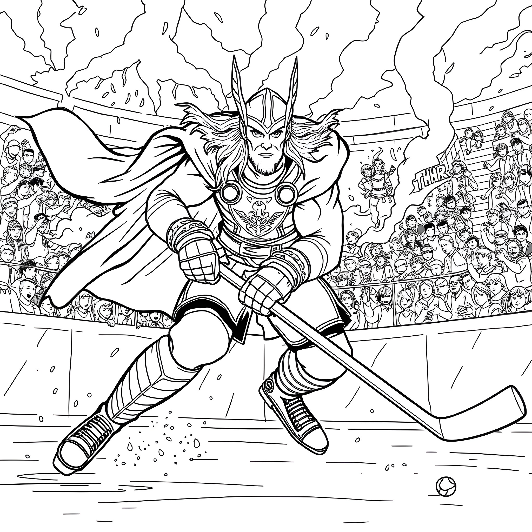 Thor battles courageously on the ice rink Coloring Page (free black-and-white line drawing printable PDF for all, from beginners to advanced learners, including children, teens, adults, and seniors)