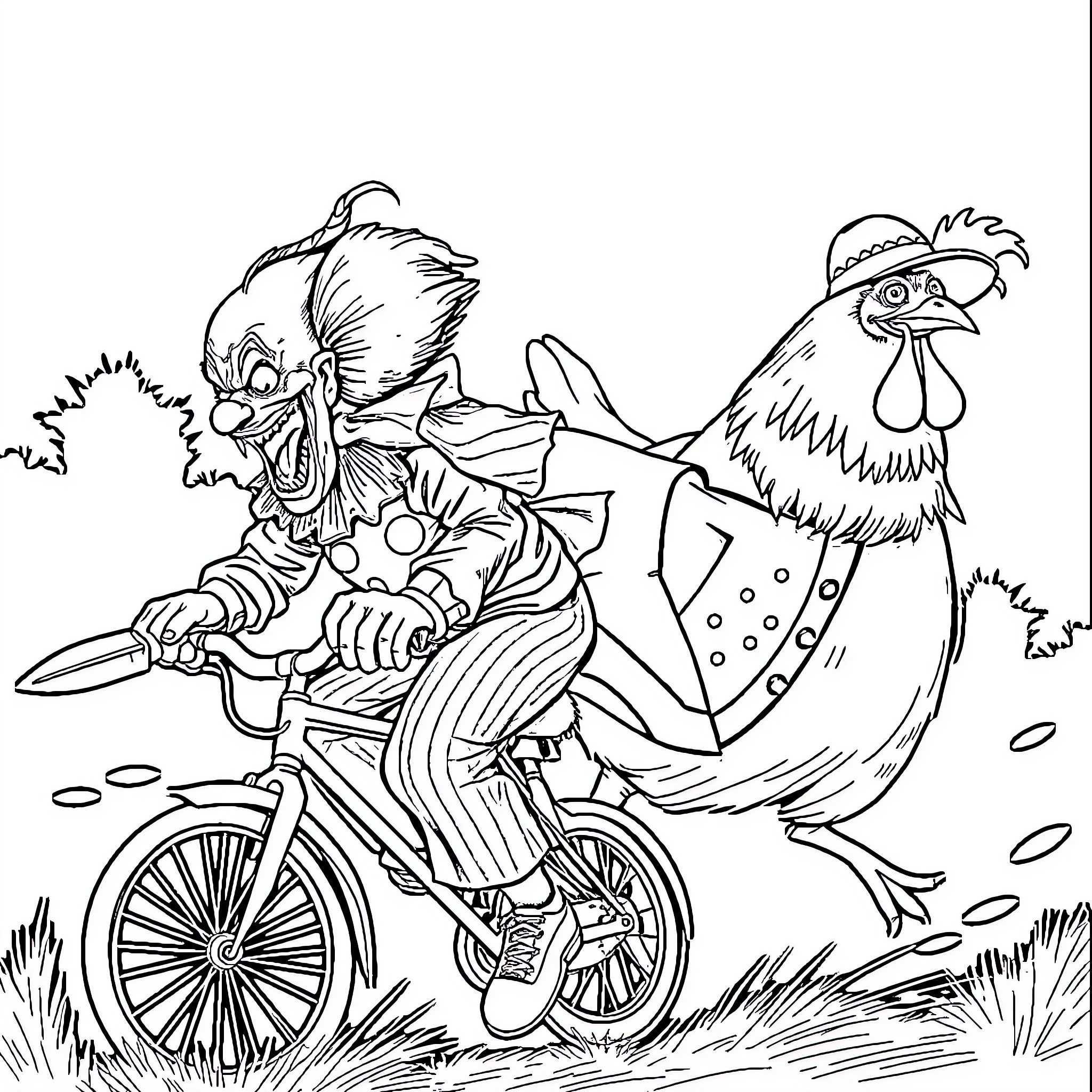 Clown riding a bicycle with a chaotic rooster Coloring Page (free black-and-white line drawing printable PDF for all, from beginners to advanced learners, including children, teens, adults, and seniors)