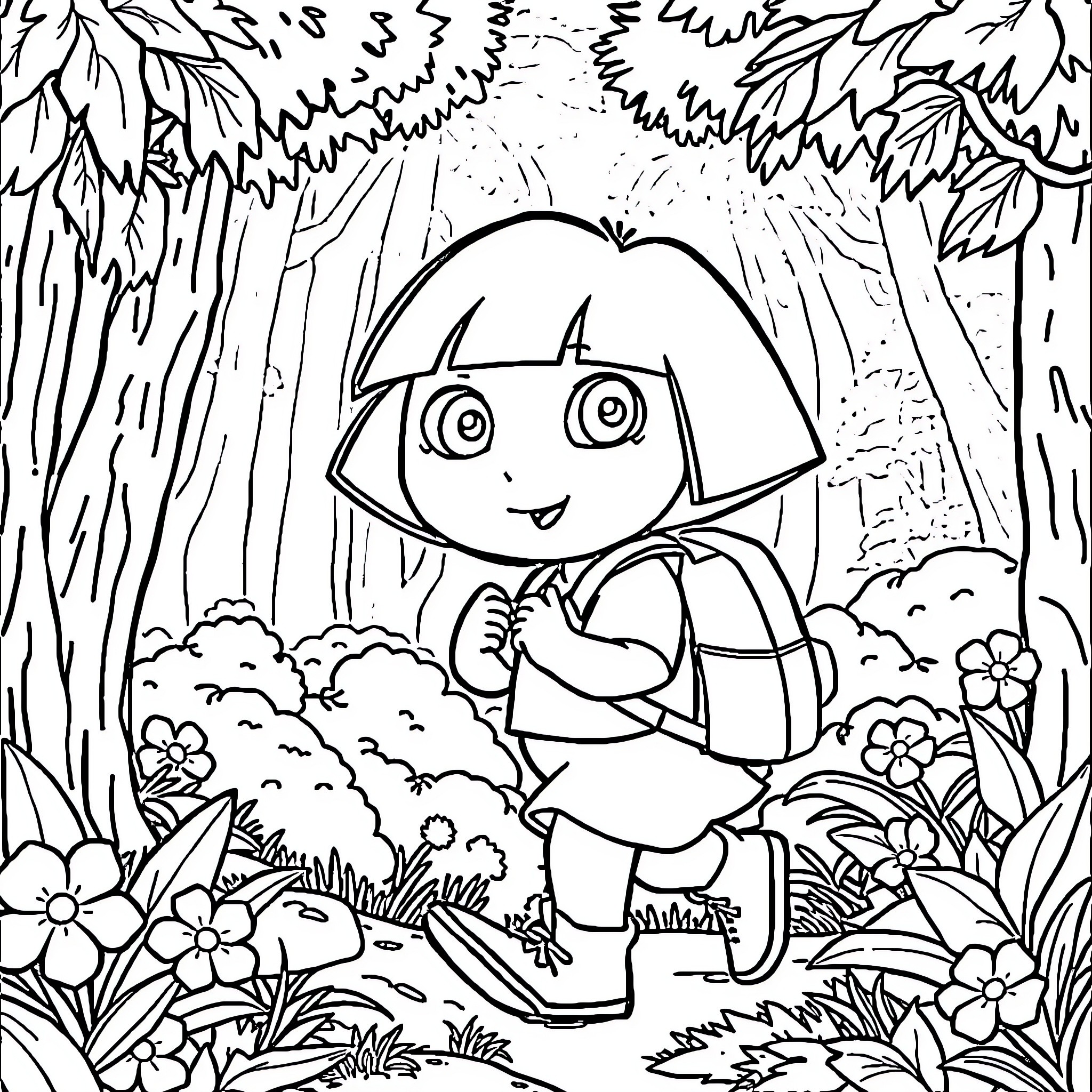 Dora the Explorer's Adventure in the Enchanted Forest Coloring Page (free black-and-white line drawing printable PDF for all, from beginners to advanced learners, including children, teens, adults, and seniors)