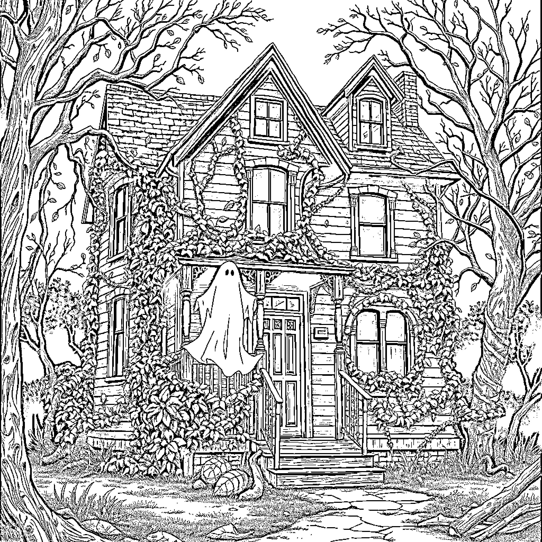Gothic House with Haunting Atmosphere Coloring Page (free black-and-white line drawing printable PDF for all, from beginners to advanced learners, including children, teens, adults, and seniors)