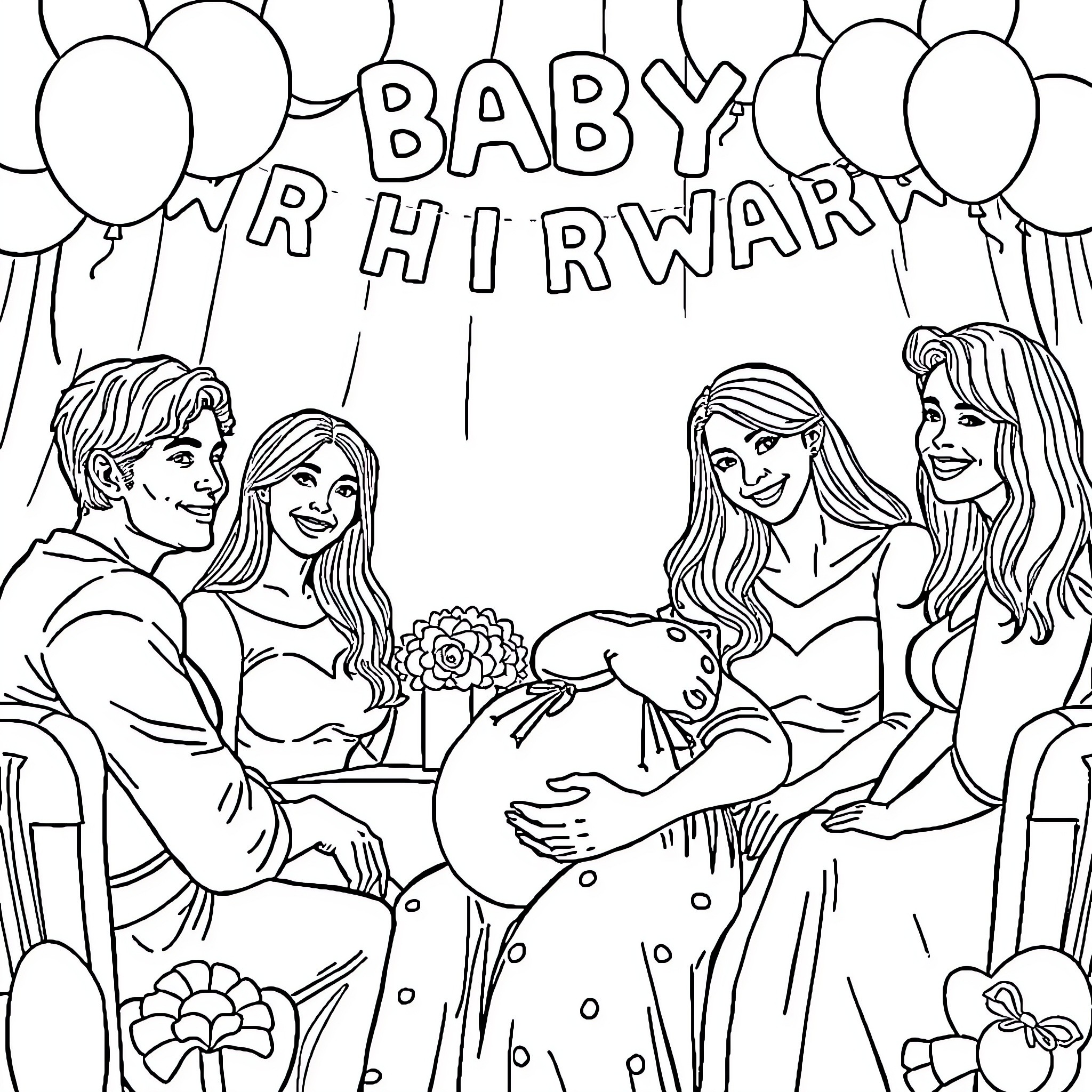 Woman celebrates baby shower with family and friends Coloring Page (free black-and-white line drawing printable PDF for all, from beginners to advanced learners, including children, teens, adults, and seniors)
