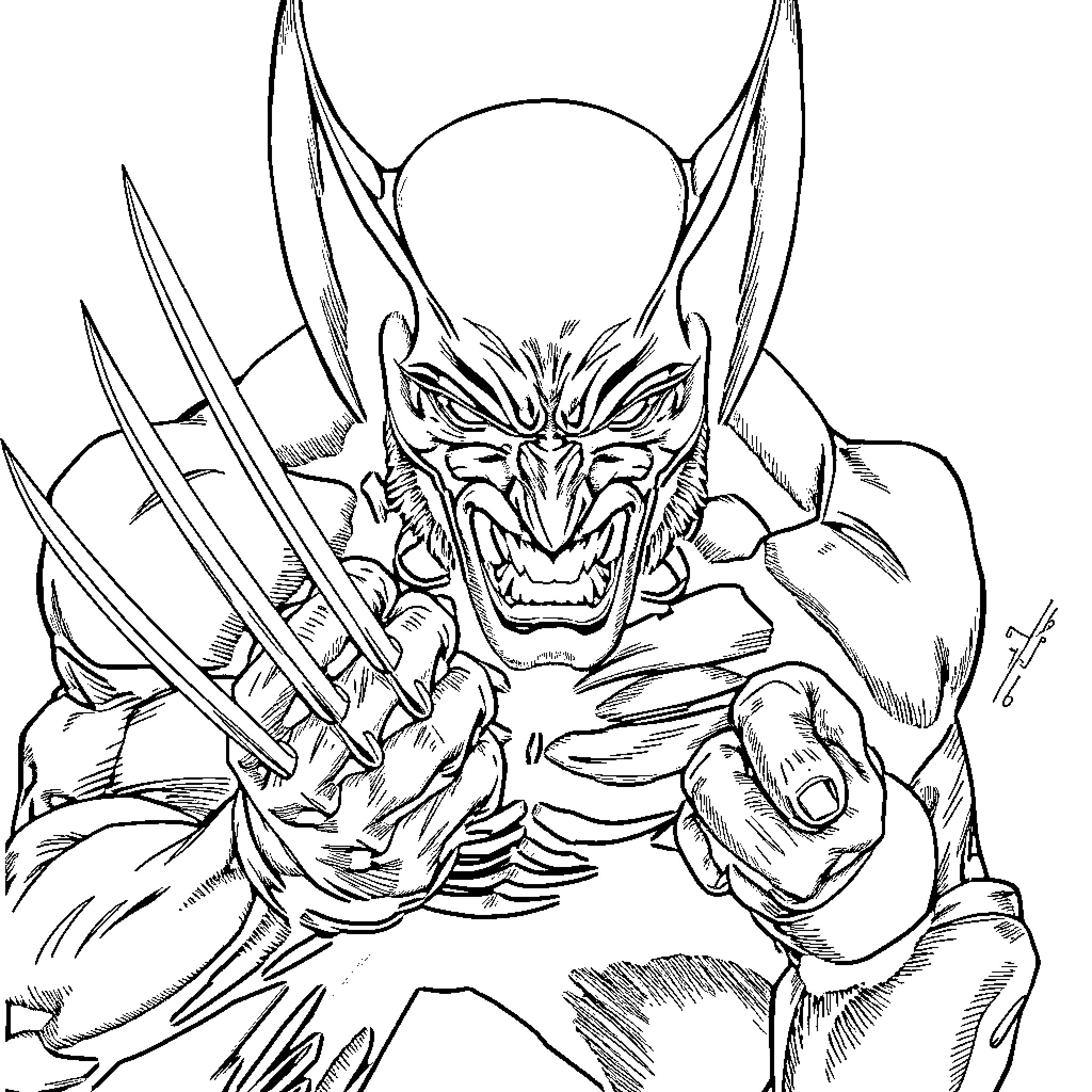 Wolverine's Fierce Clawed Confrontation Coloring Page (free black-and-white line drawing printable PDF for all, from beginners to advanced learners, including children, teens, adults, and seniors)