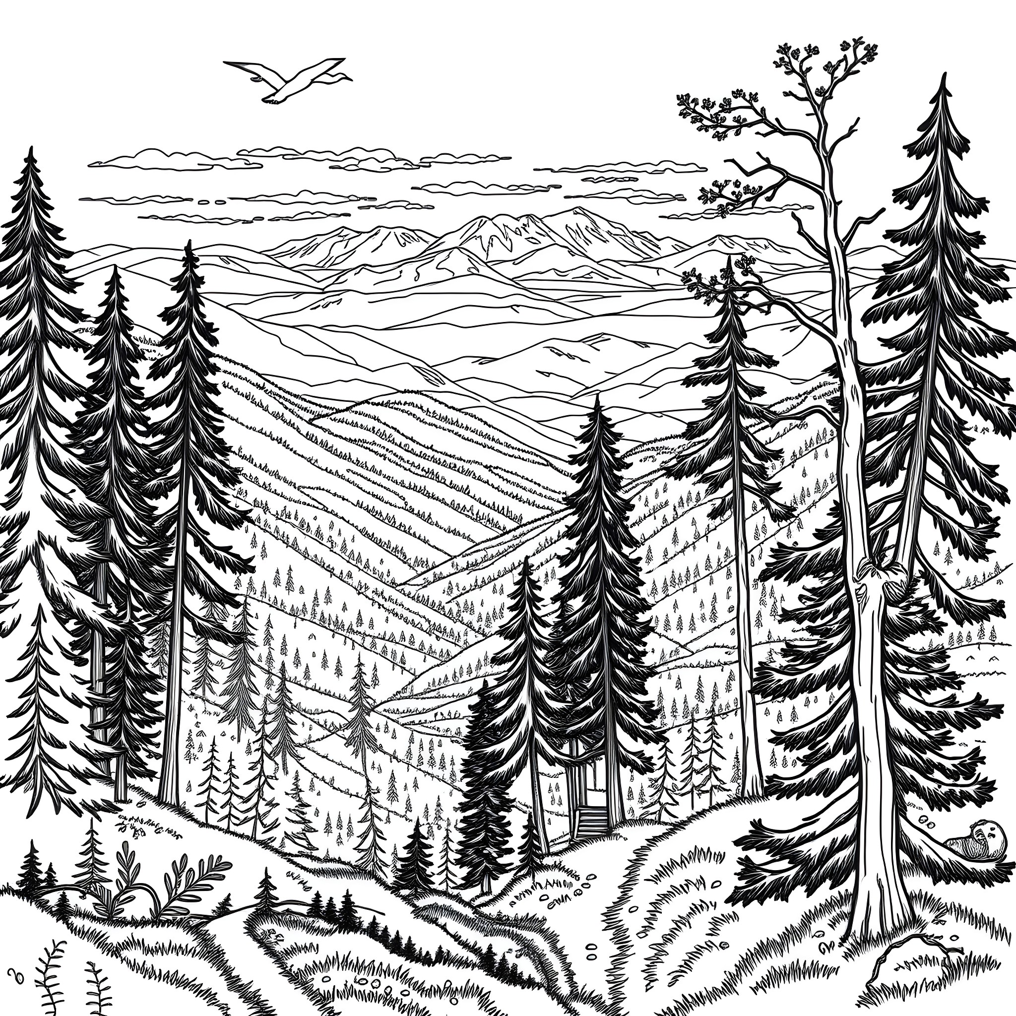 Mountain landscape with pine trees and cabin Coloring Page (free black-and-white line drawing printable PDF for all, from beginners to advanced learners, including children, teens, adults, and seniors)