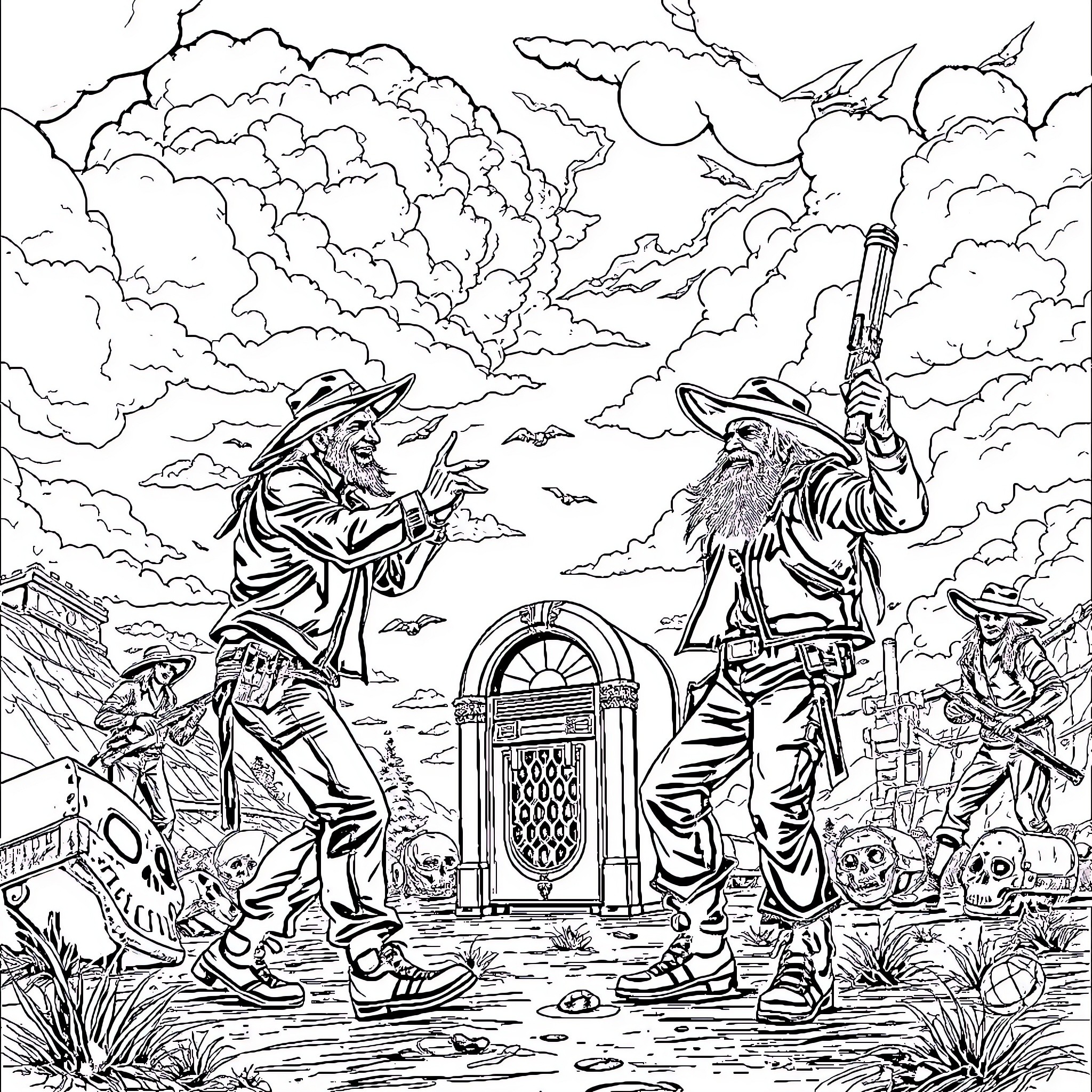 Raider confrontation in the wild west landscape Coloring Page (free black-and-white line drawing printable PDF for all, from beginners to advanced learners, including children, teens, adults, and seniors)