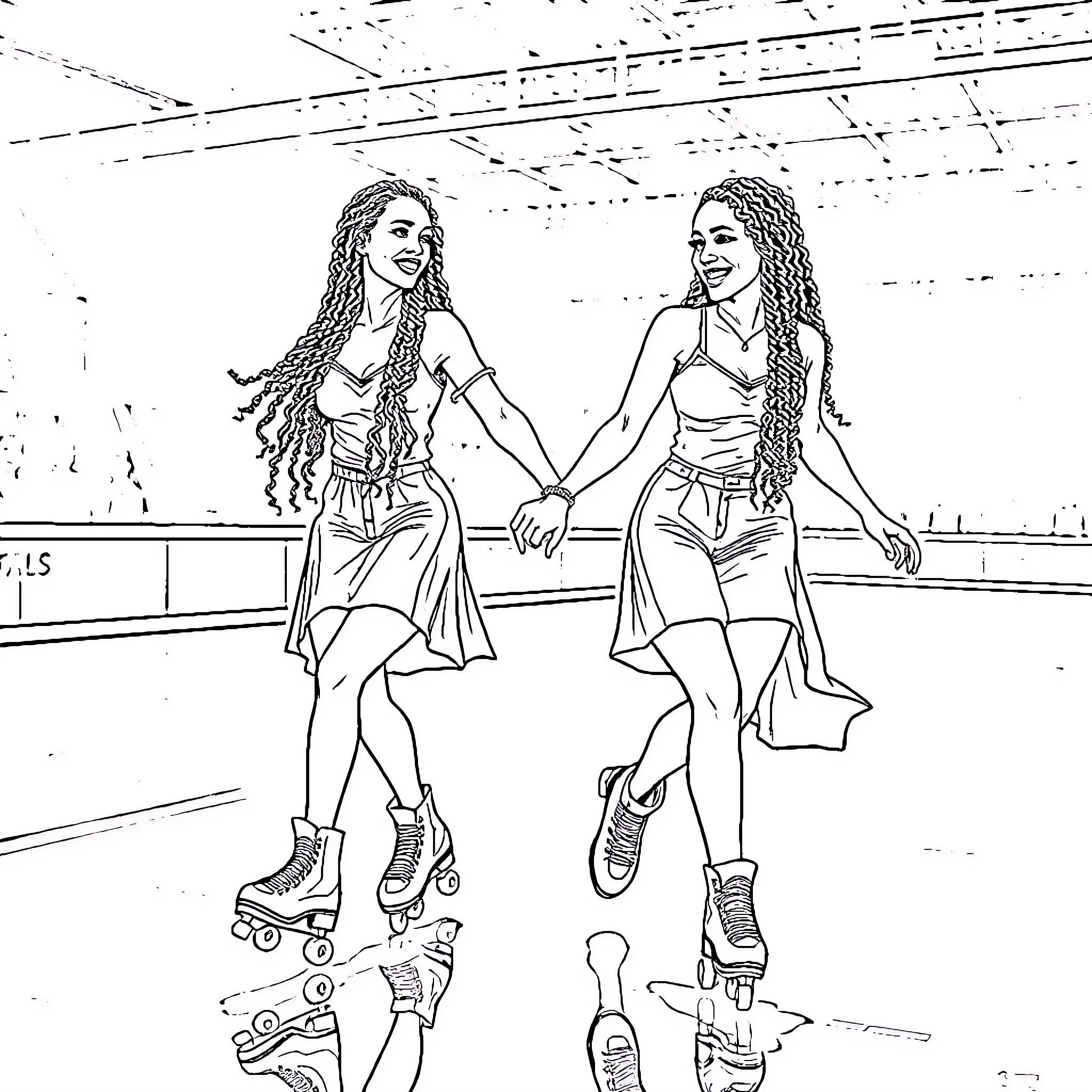Women roller skating together in an arena Coloring Page (free black-and-white line drawing printable PDF for all, from beginners to advanced learners, including children, teens, adults, and seniors)