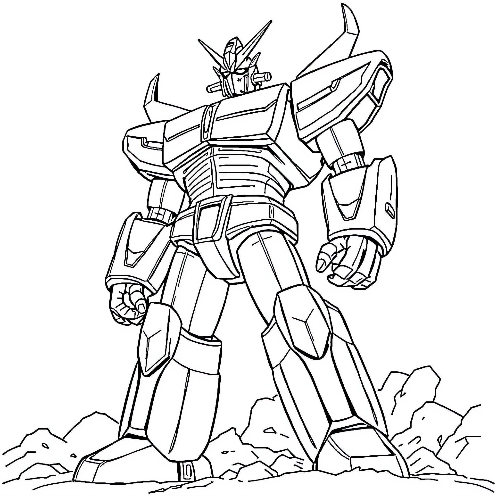 Mazinger Z in battle-ready pose Coloring Page (free black-and-white line drawing printable PDF for all, from beginners to advanced learners, including children, teens, adults, and seniors)