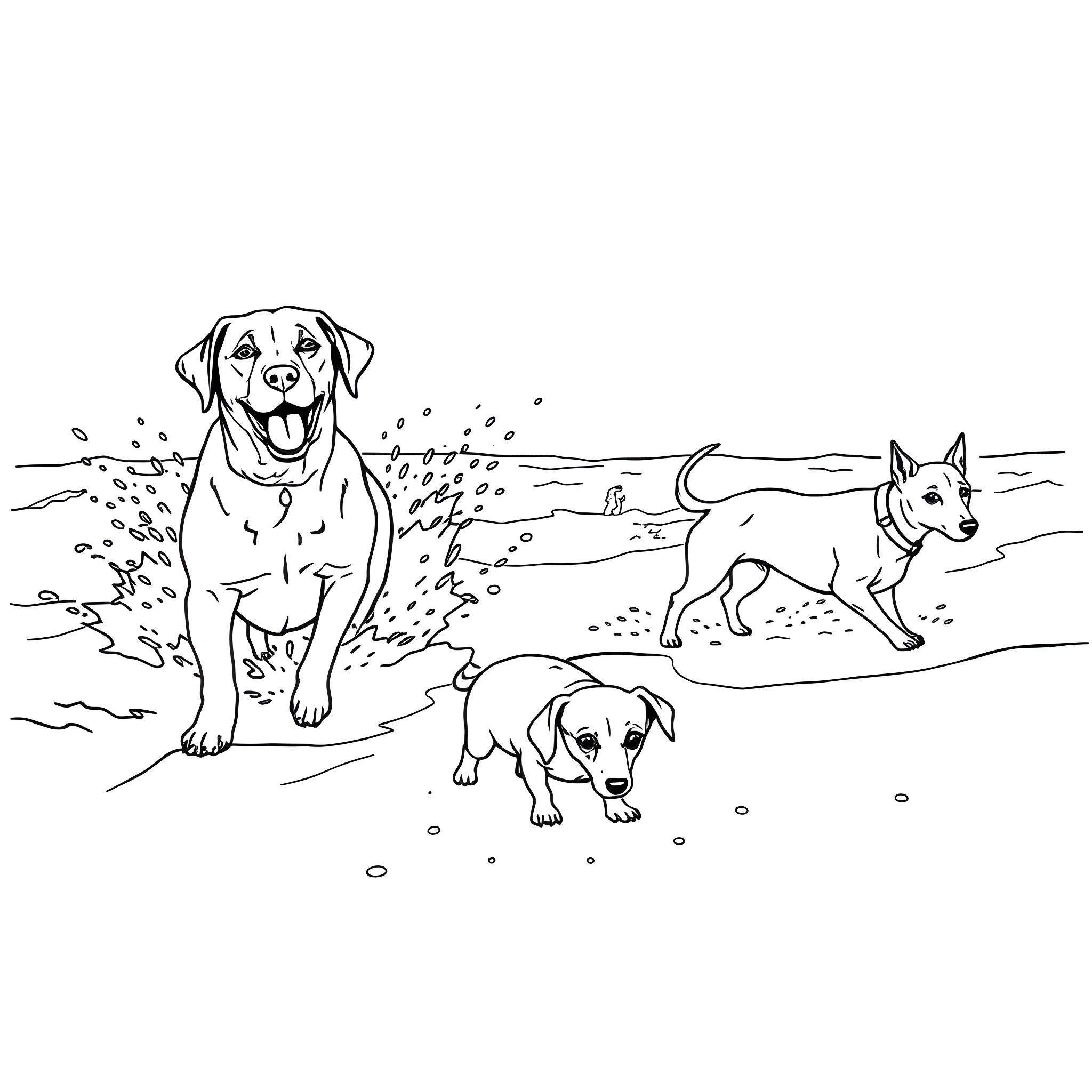 Dogs playing together on the beach Coloring Page (free black-and-white line drawing printable PDF for all, from beginners to advanced learners, including children, teens, adults, and seniors)