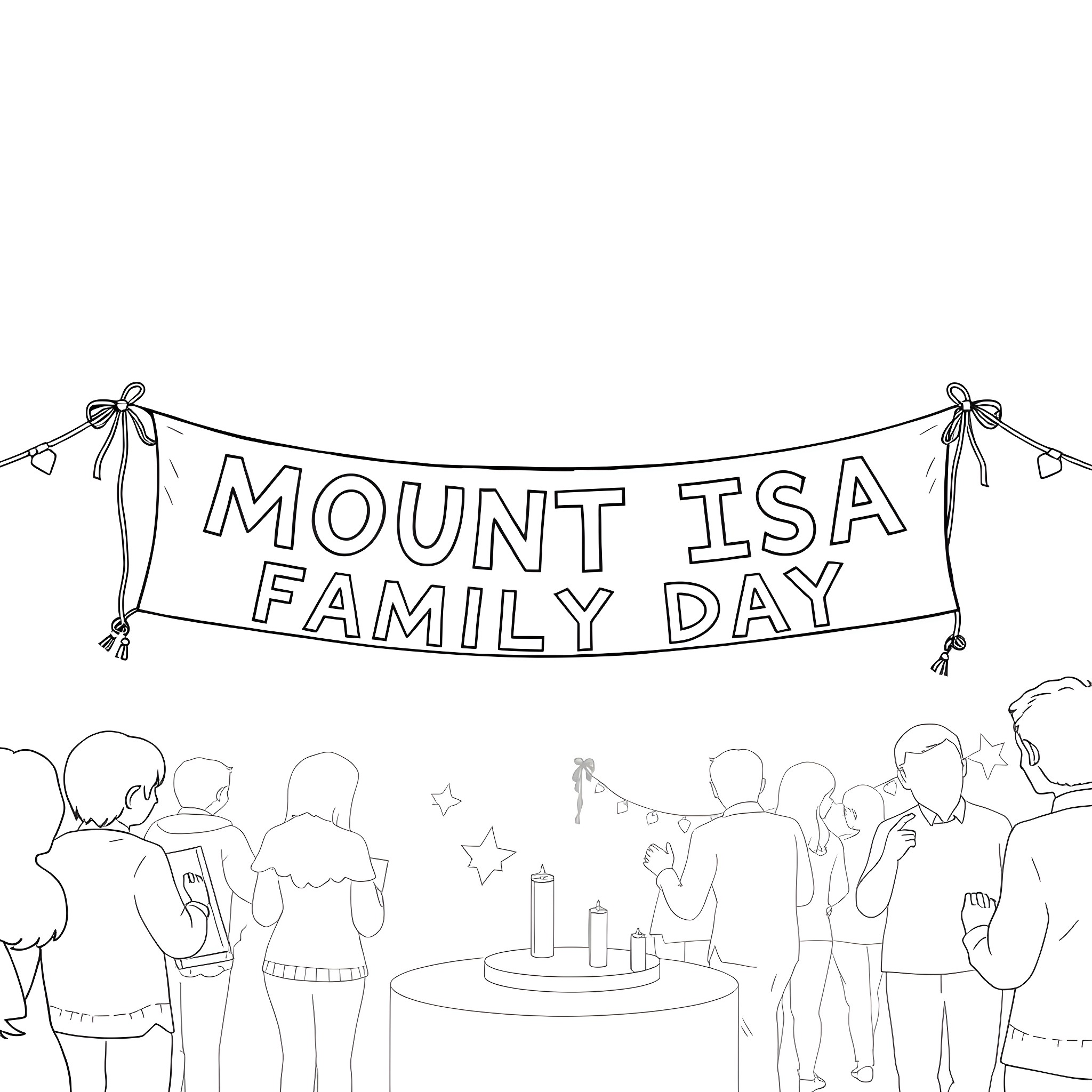 Bunting celebrating Family Day at Mount Isa Coloring Page (free black-and-white line drawing printable PDF for all, from beginners to advanced learners, including children, teens, adults, and seniors)