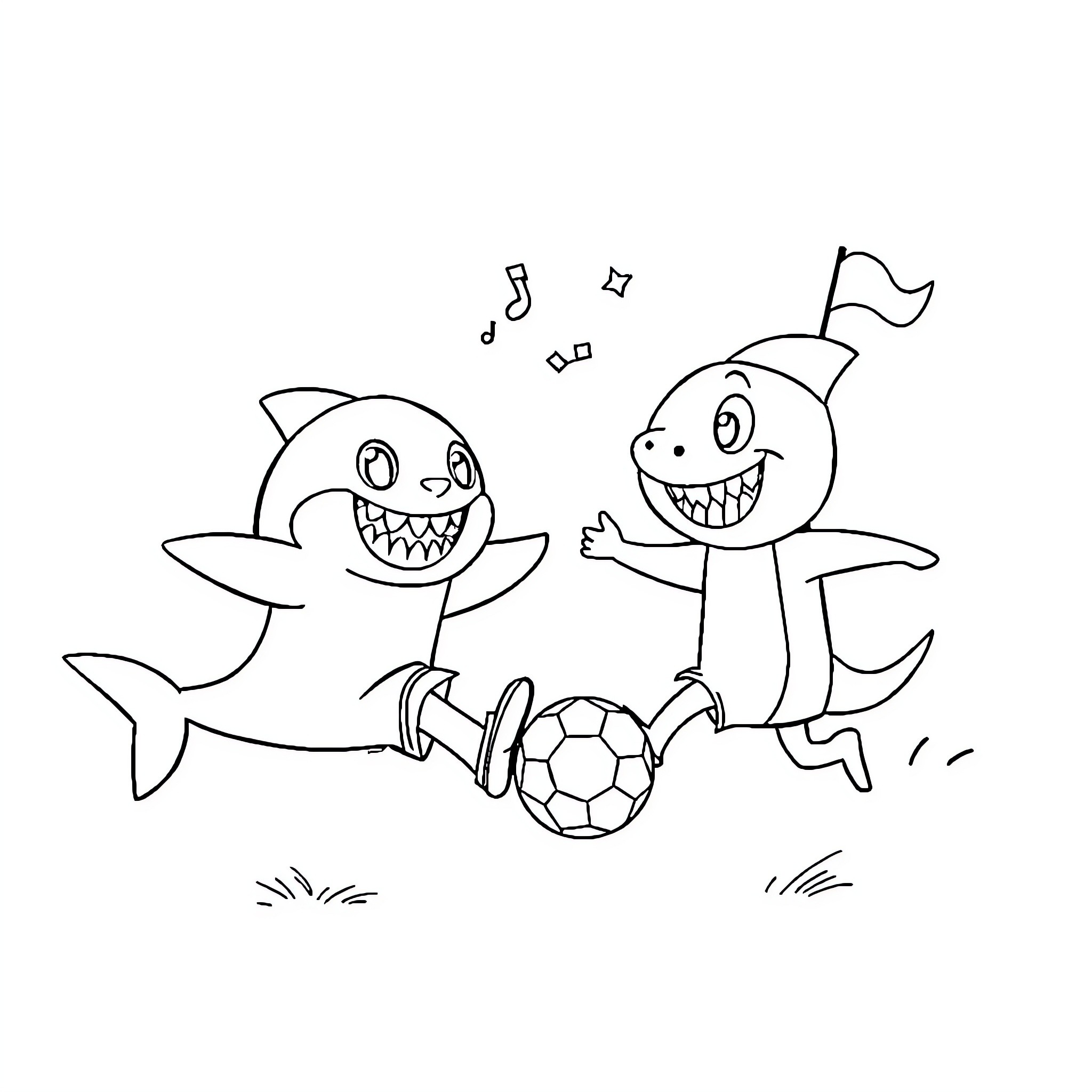 Baby Shark playing soccer with friend Coloring Page (free black-and-white line drawing printable PDF for all, from beginners to advanced learners, including children, teens, adults, and seniors)