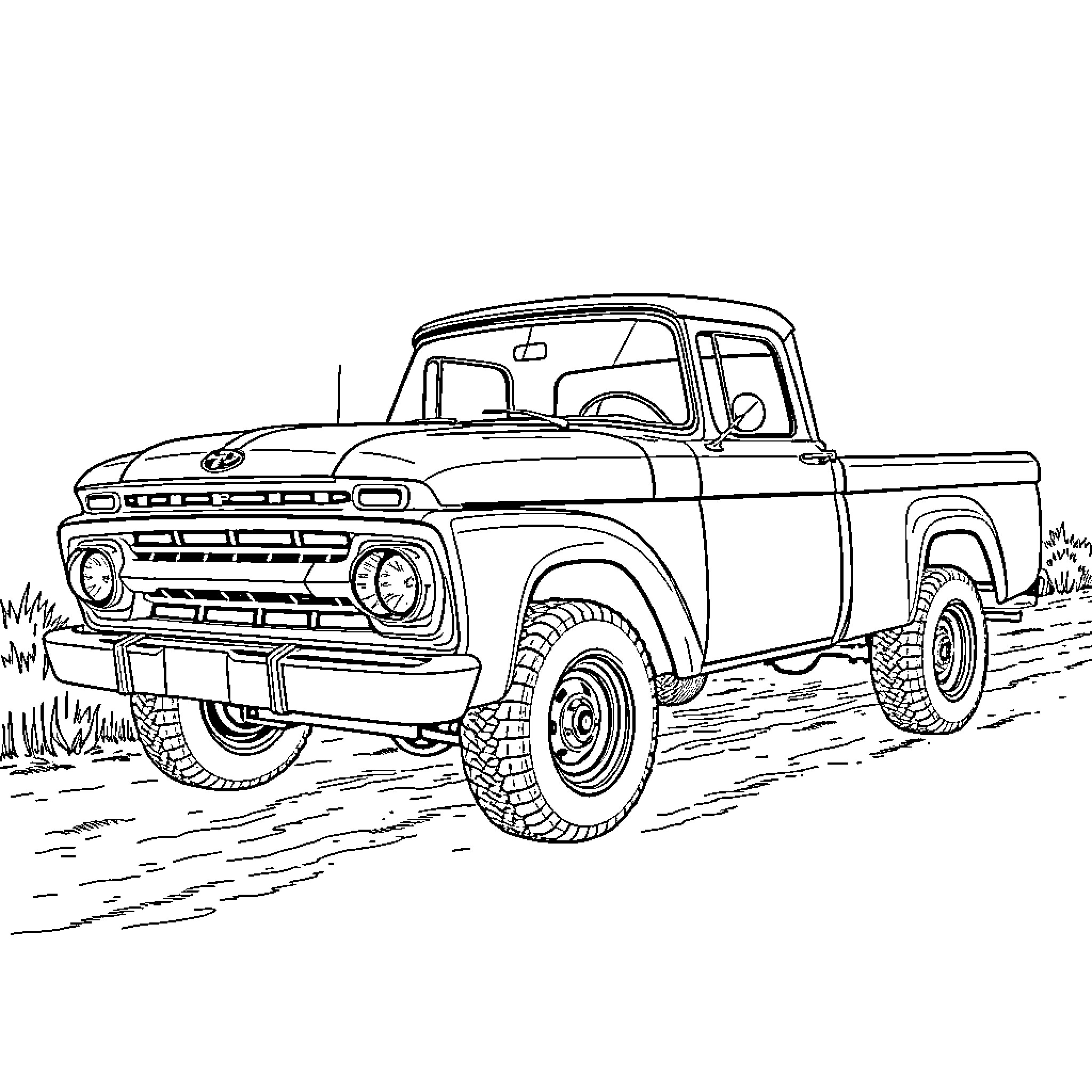 Ford F100 vintage truck in grassy field Coloring Page (free black-and-white line drawing printable PDF for all, from beginners to advanced learners, including children, teens, adults, and seniors)