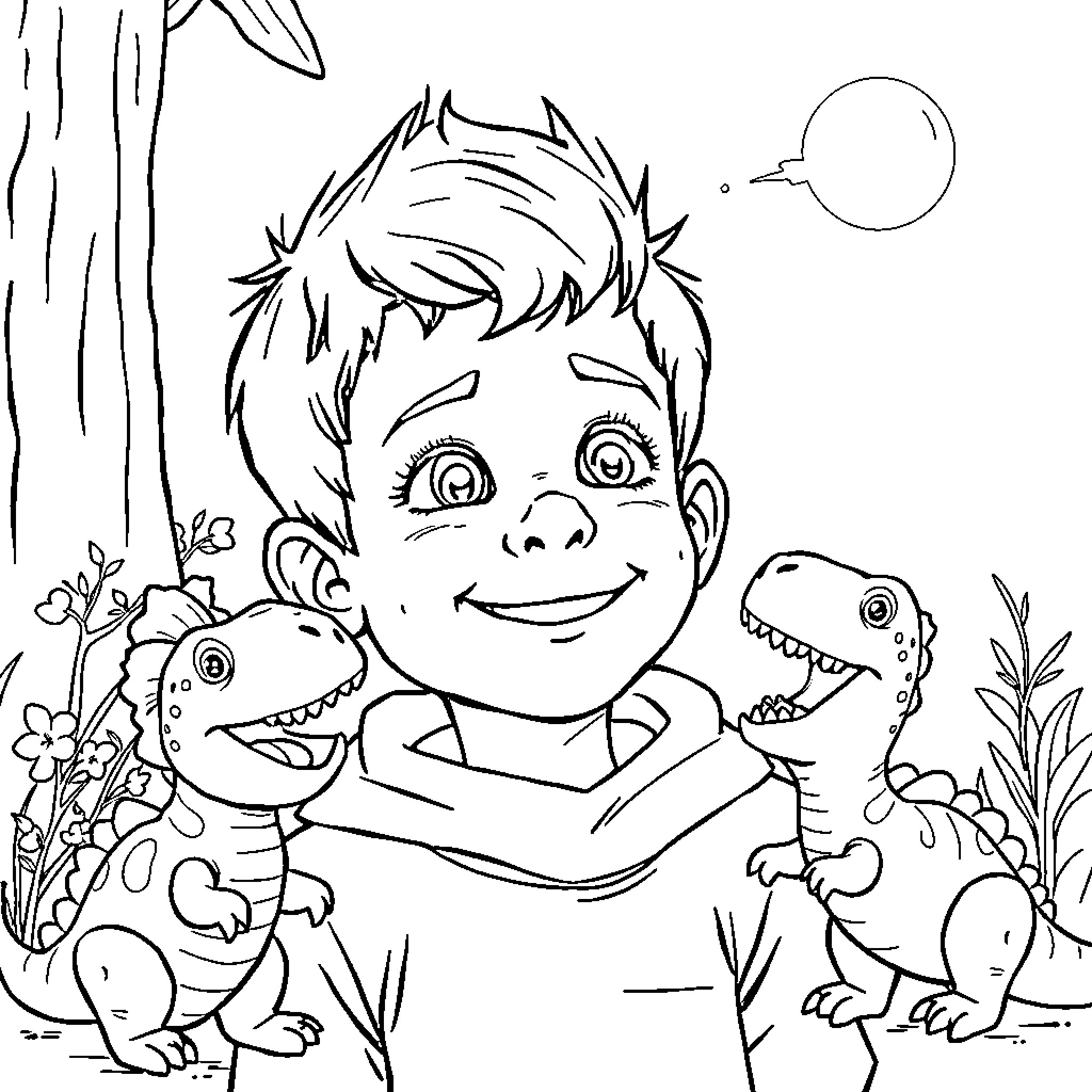 Niño Playing with Dinosaurs in the Woods Coloring Page (free black-and-white line drawing printable PDF for all, from beginners to advanced learners, including children, teens, adults, and seniors)