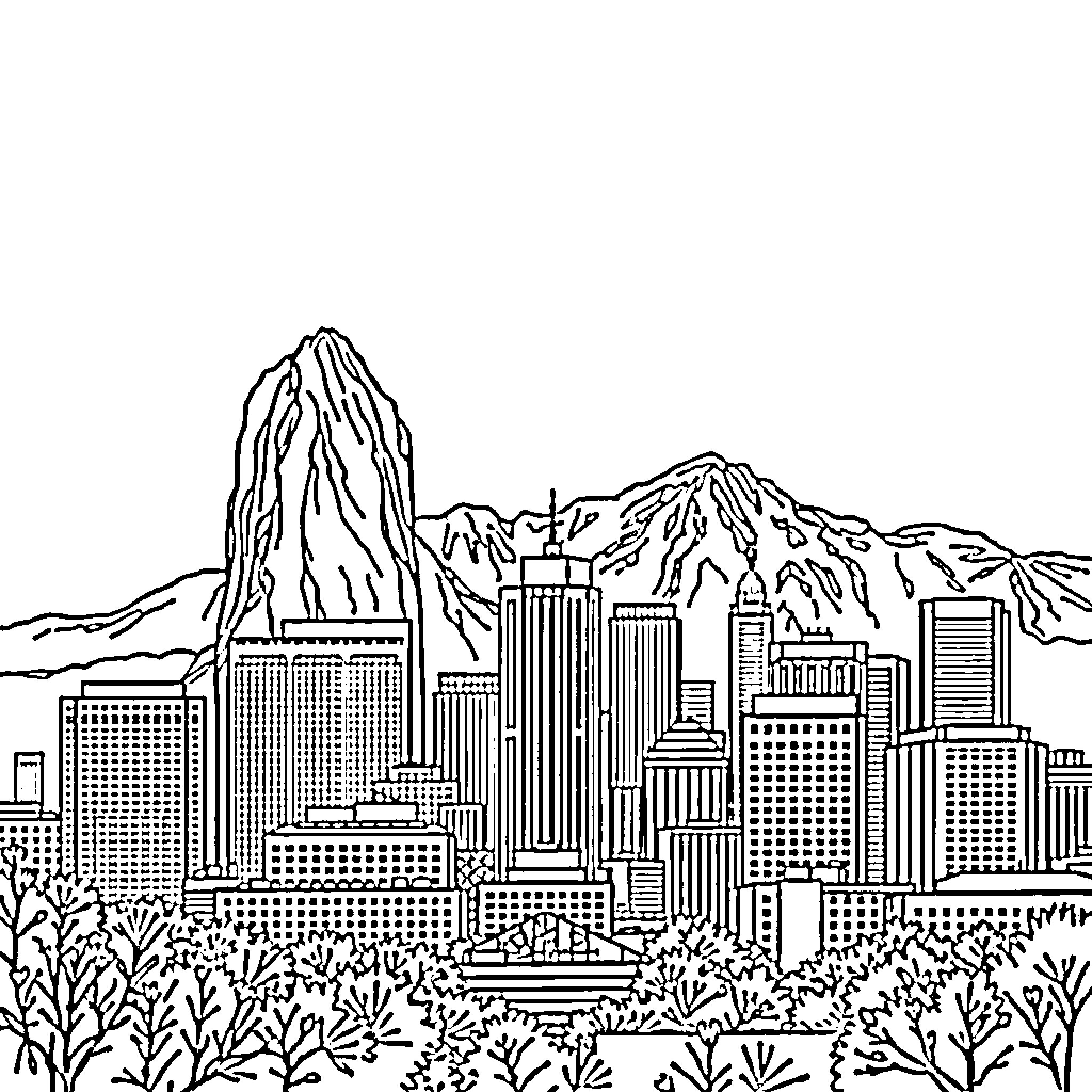 Mountain City Skyline with Architectural Structures Coloring Page (free black-and-white line drawing printable PDF for all, from beginners to advanced learners, including children, teens, adults, and seniors)