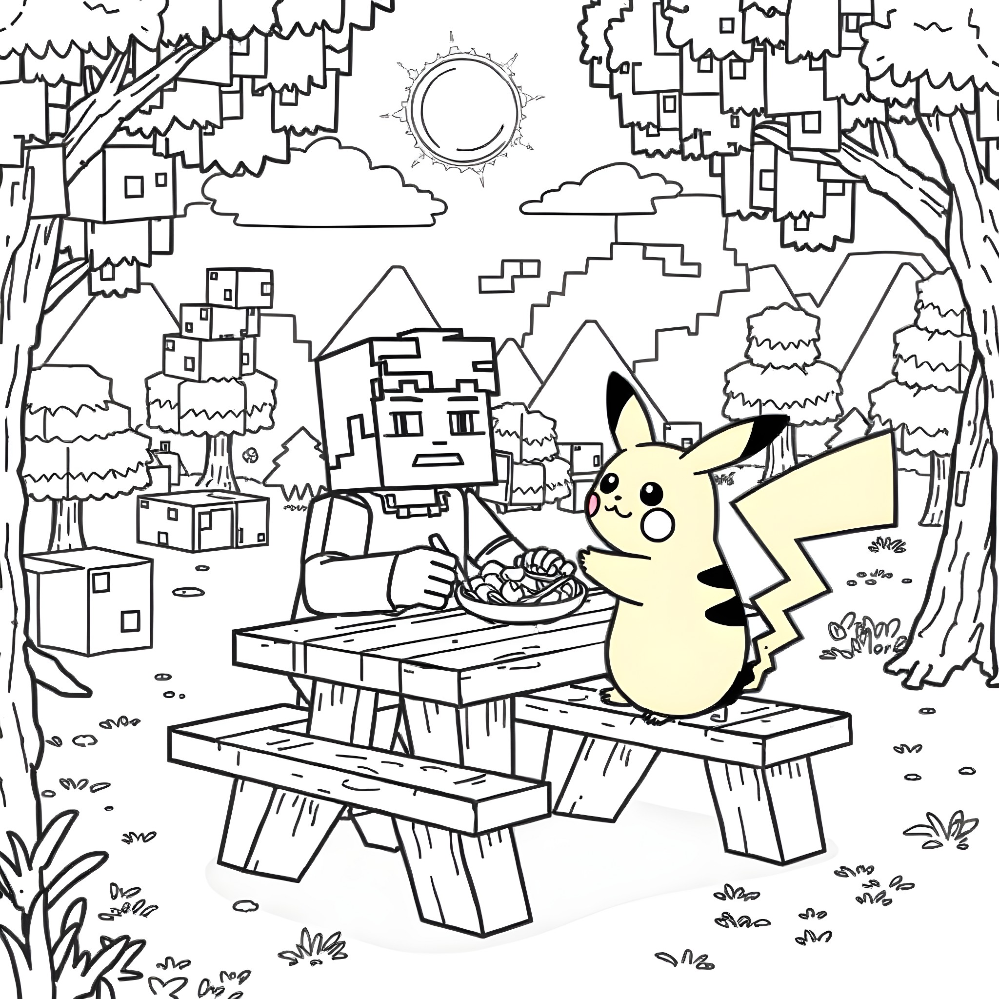 Minecraft Steve Enjoying Picnic with Pikachu in the Forest Coloring Page (free black-and-white line drawing printable PDF for all, from beginners to advanced learners, including children, teens, adults, and seniors)