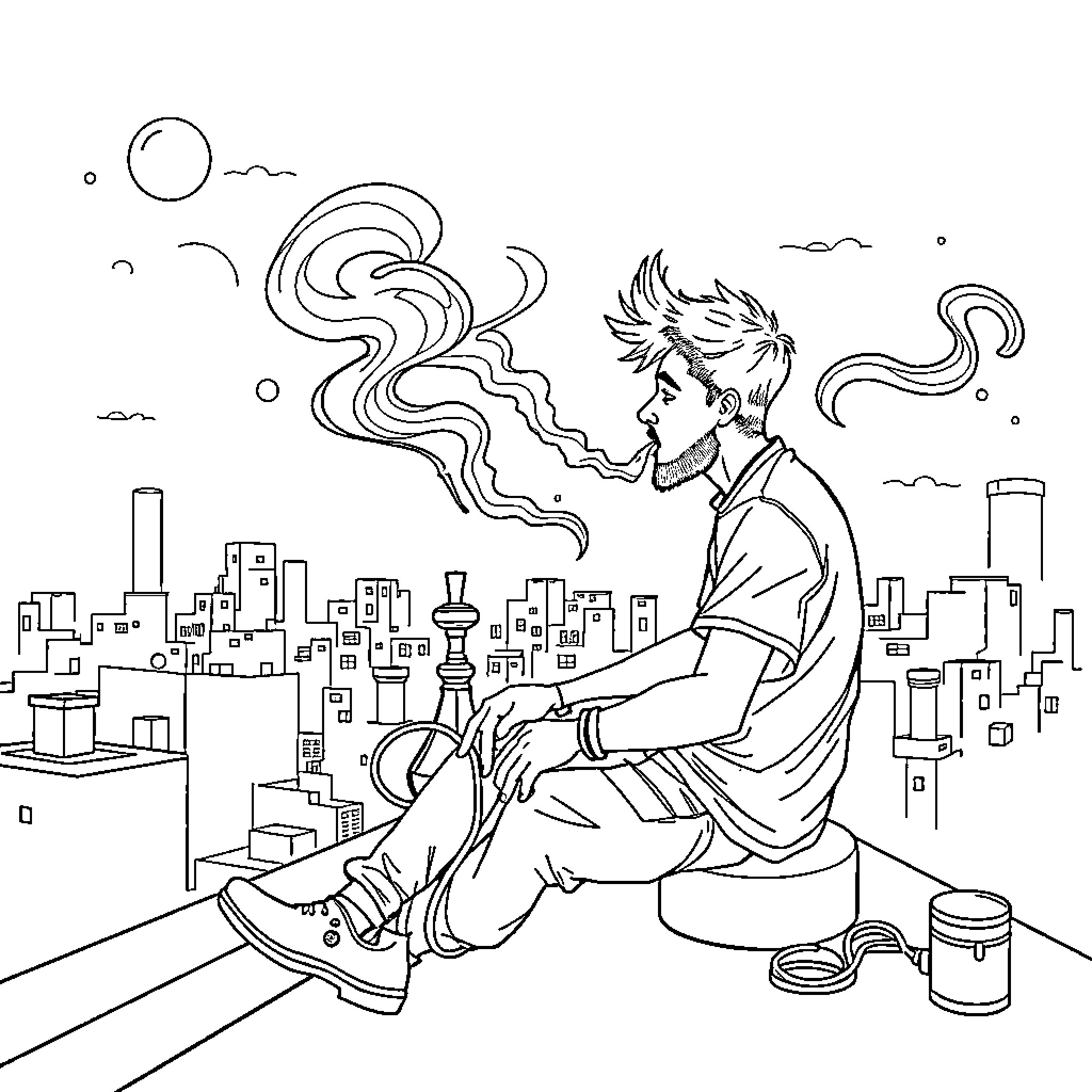 Guy sitting contemplatively on a bench overlooking a city Coloring Page (free black-and-white line drawing printable PDF for all, from beginners to advanced learners, including children, teens, adults, and seniors)