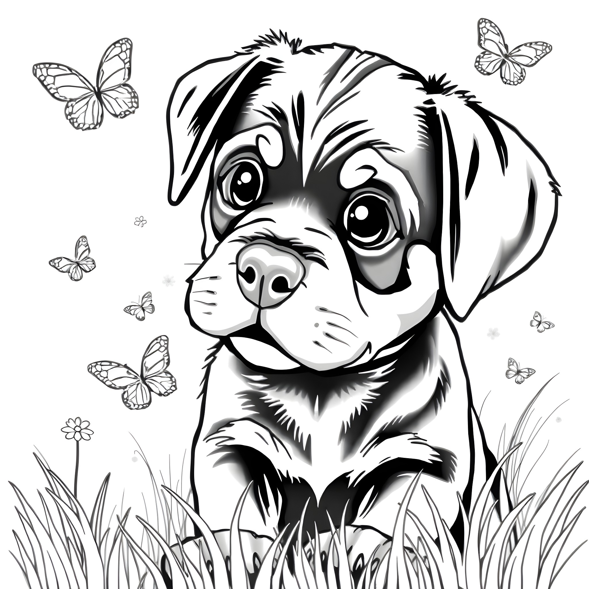 Rottweiler puppy surrounded by butterflies in nature Coloring Page (free black-and-white line drawing printable PDF for all, from beginners to advanced learners, including children, teens, adults, and seniors)