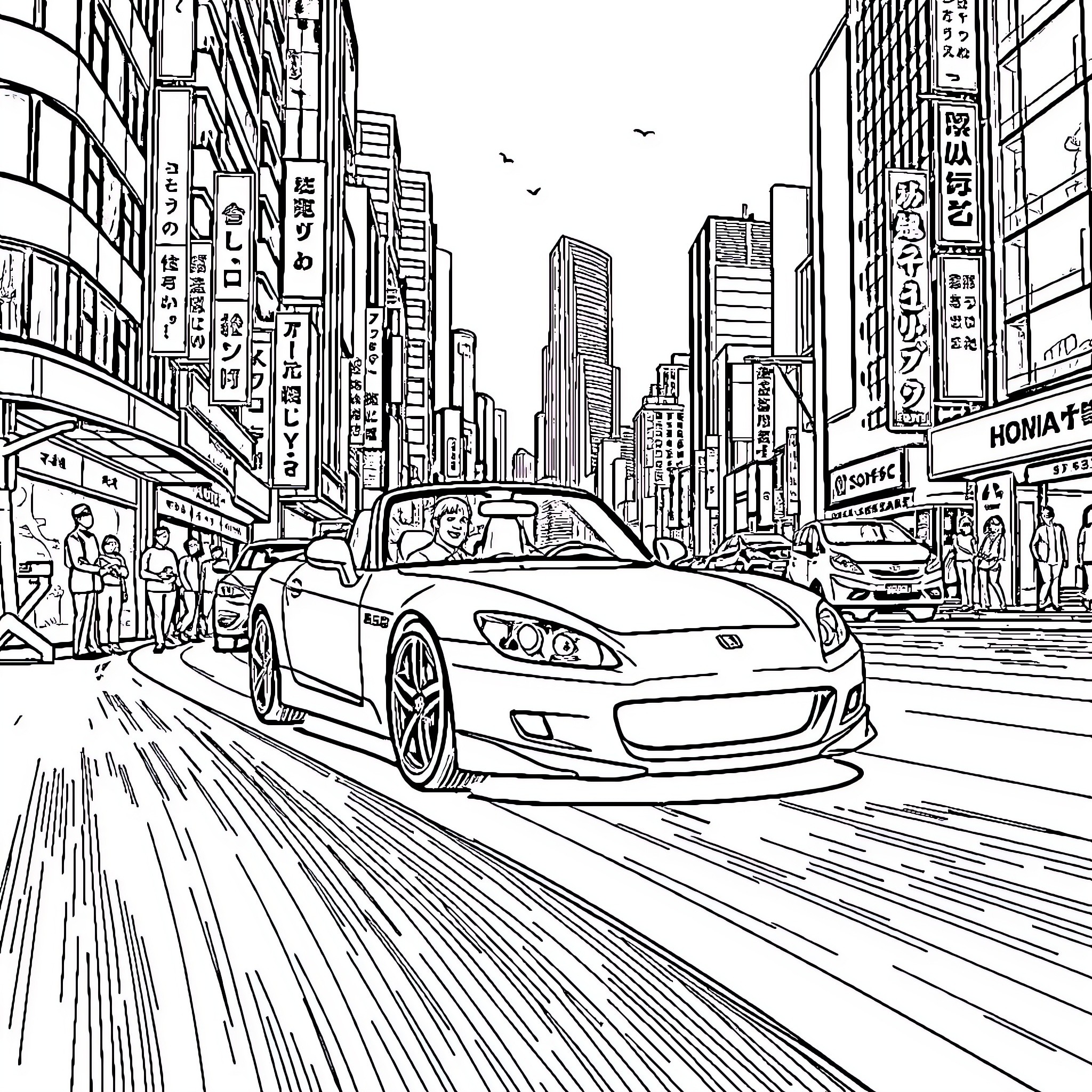 Honda S2000 speeding through bustling city streets Coloring Page (free black-and-white line drawing printable PDF for all, from beginners to advanced learners, including children, teens, adults, and seniors)