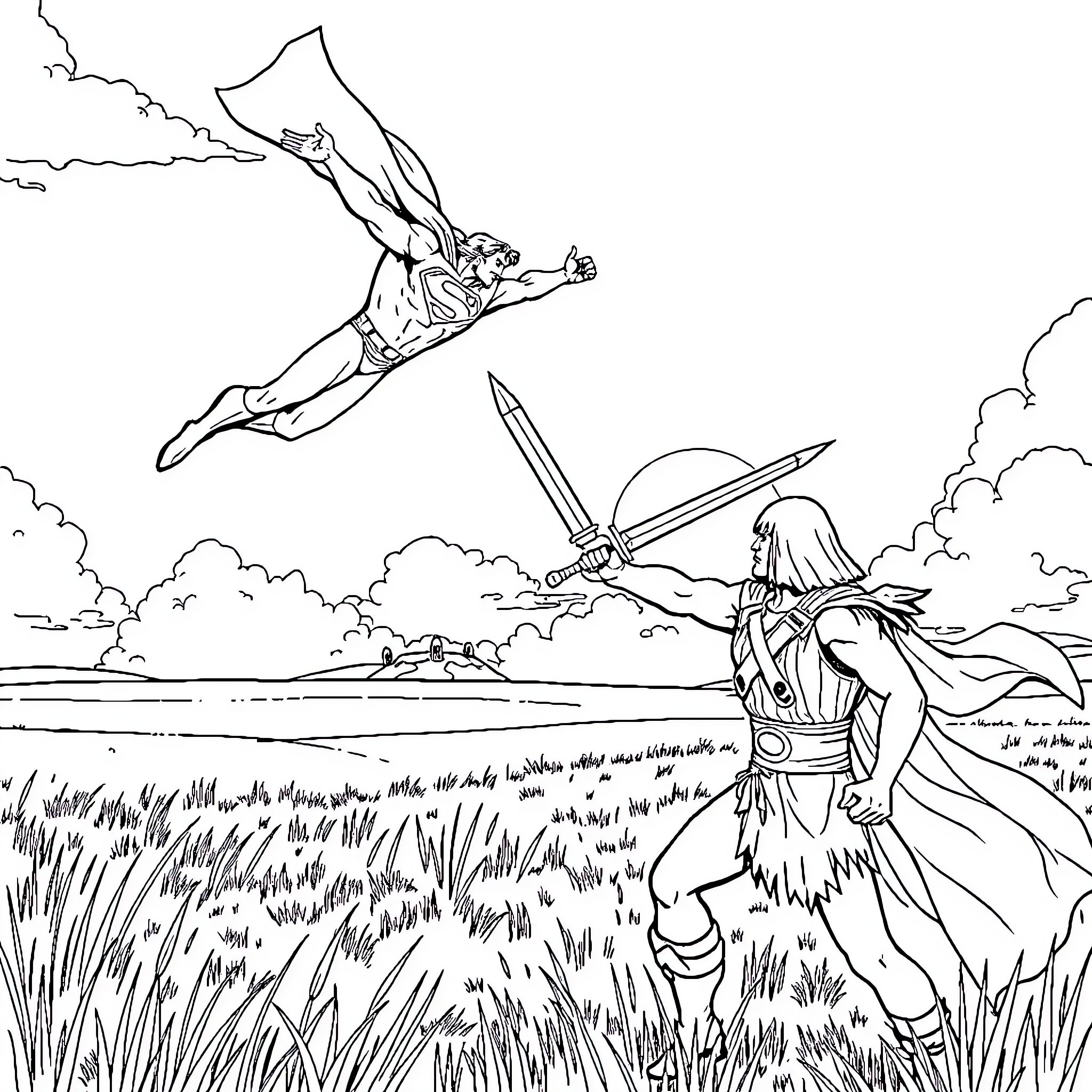 Superman heroically soaring over warrior in battle Coloring Page (free black-and-white line drawing printable PDF for all, from beginners to advanced learners, including children, teens, adults, and seniors)