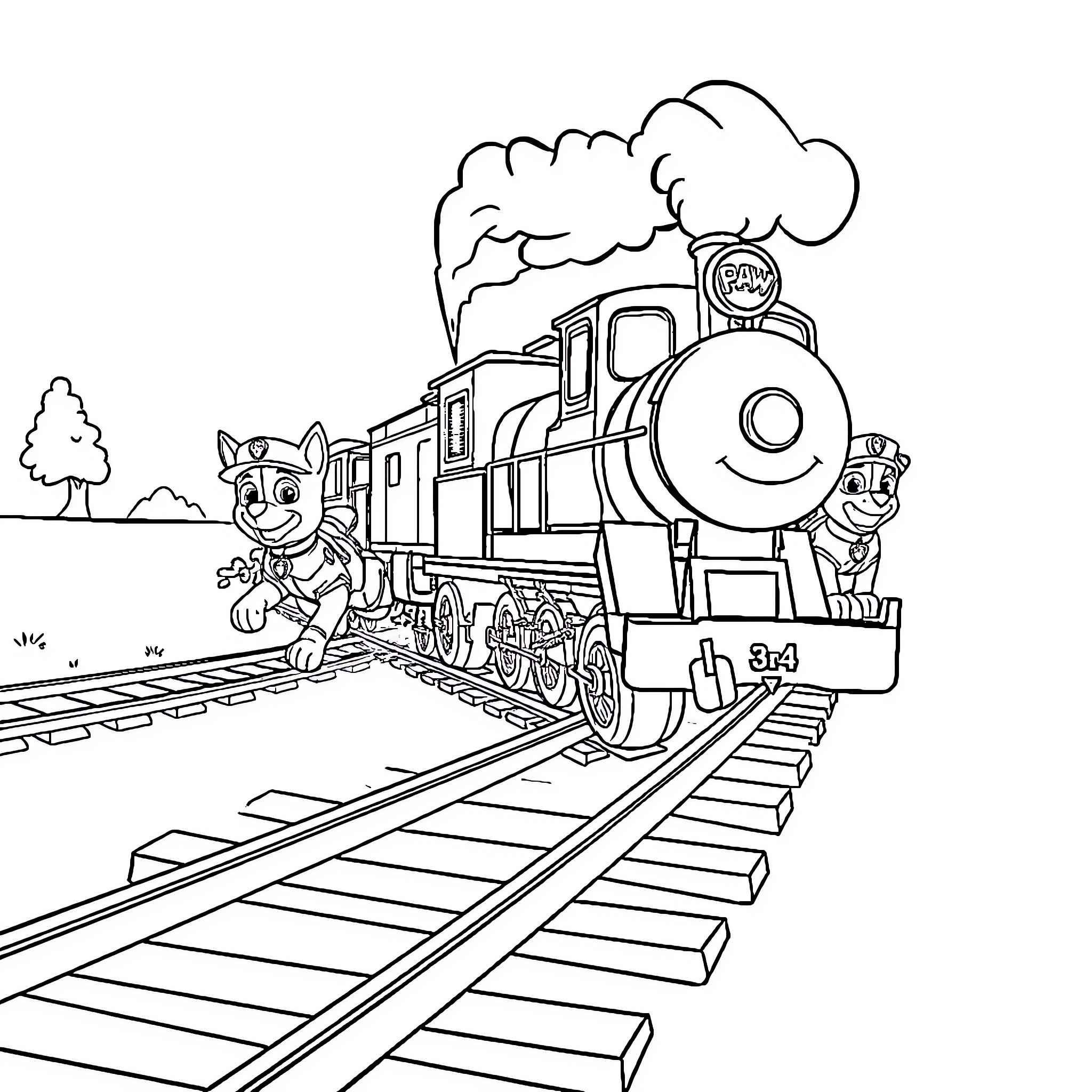 Train carrying cartoon characters on railroad tracks Coloring Page (free black-and-white line drawing printable PDF for all, from beginners to advanced learners, including children, teens, adults, and seniors)