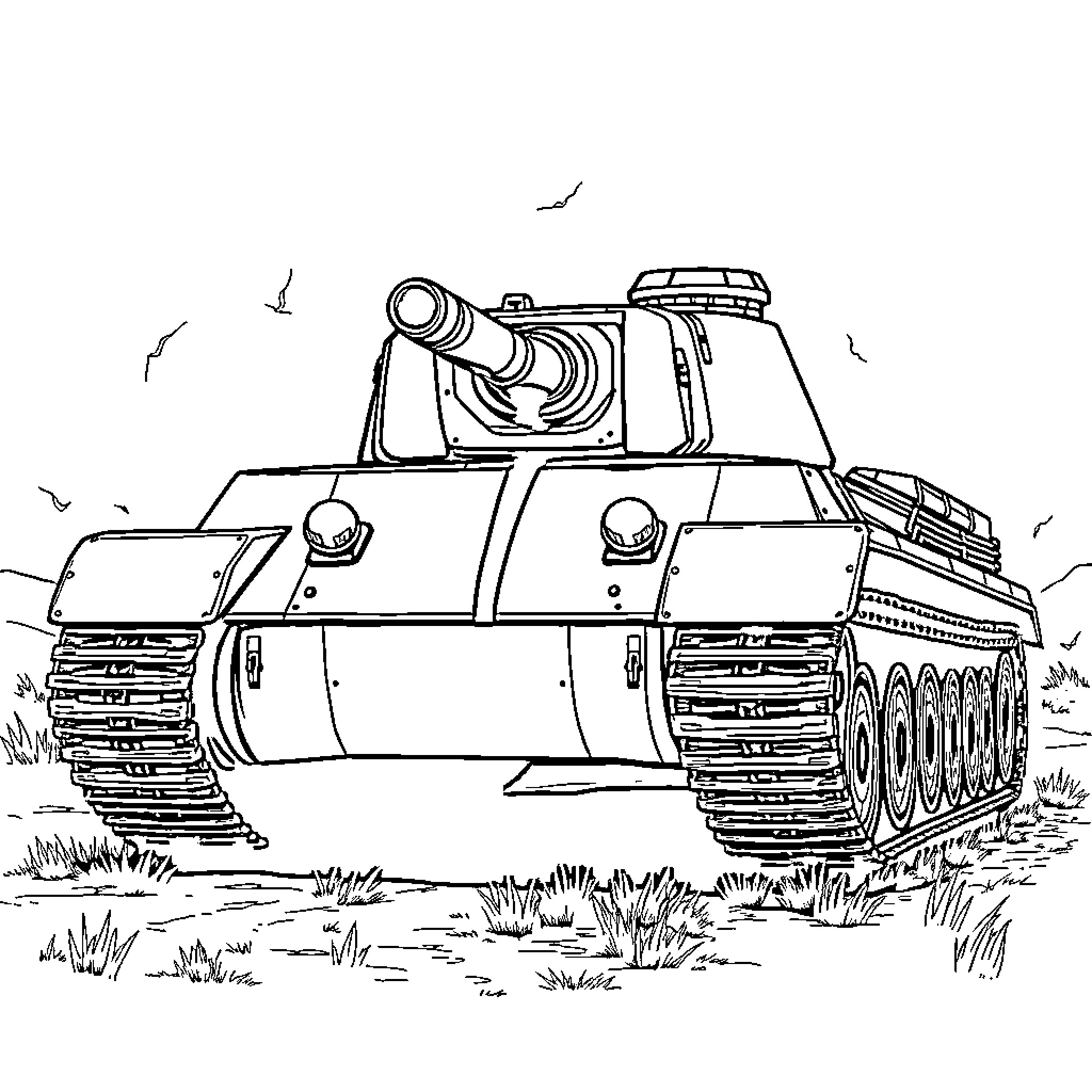 German Tiger tank on the battlefield Coloring Page (free black-and-white line drawing printable PDF for all, from beginners to advanced learners, including children, teens, adults, and seniors)