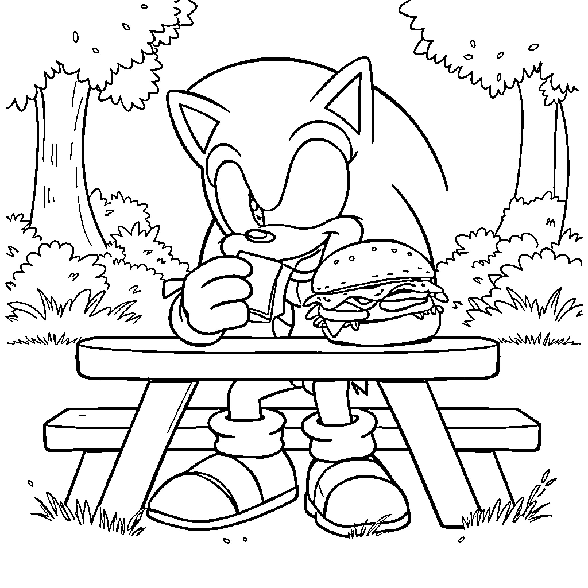 Sonic Enjoying a Tasty Burger in the Outdoors Coloring Page (free black-and-white line drawing printable PDF for all, from beginners to advanced learners, including children, teens, adults, and seniors)