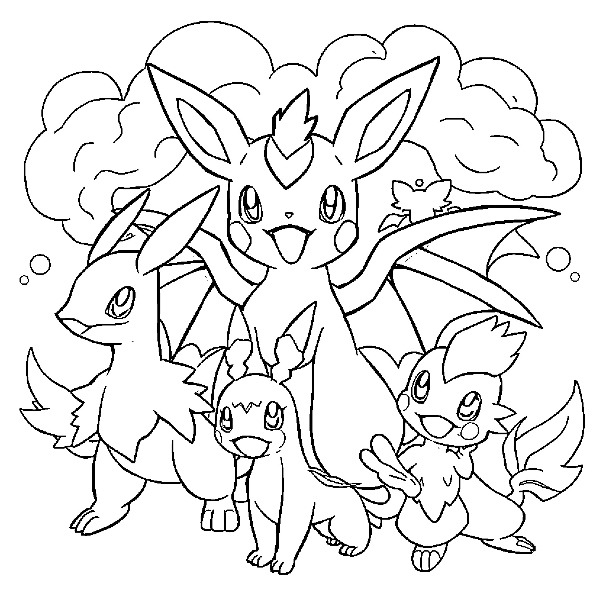 Pokémon friends enjoying a playful adventure Coloring Page (free black-and-white line drawing printable PDF for all, from beginners to advanced learners, including children, teens, adults, and seniors)