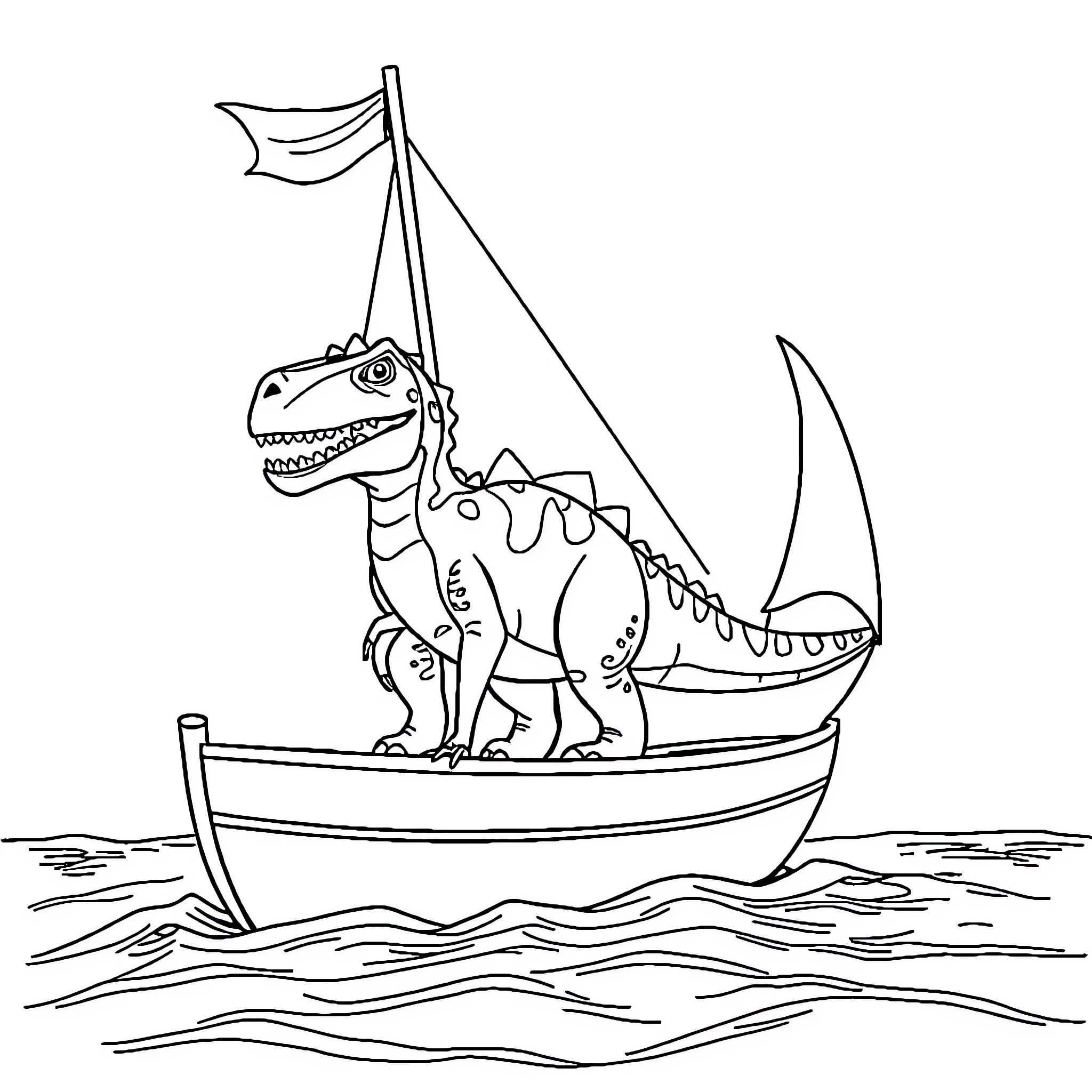 Dinosaur sailing on a boat in the ocean Coloring Page (free black-and-white line drawing printable PDF for all, from beginners to advanced learners, including children, teens, adults, and seniors)