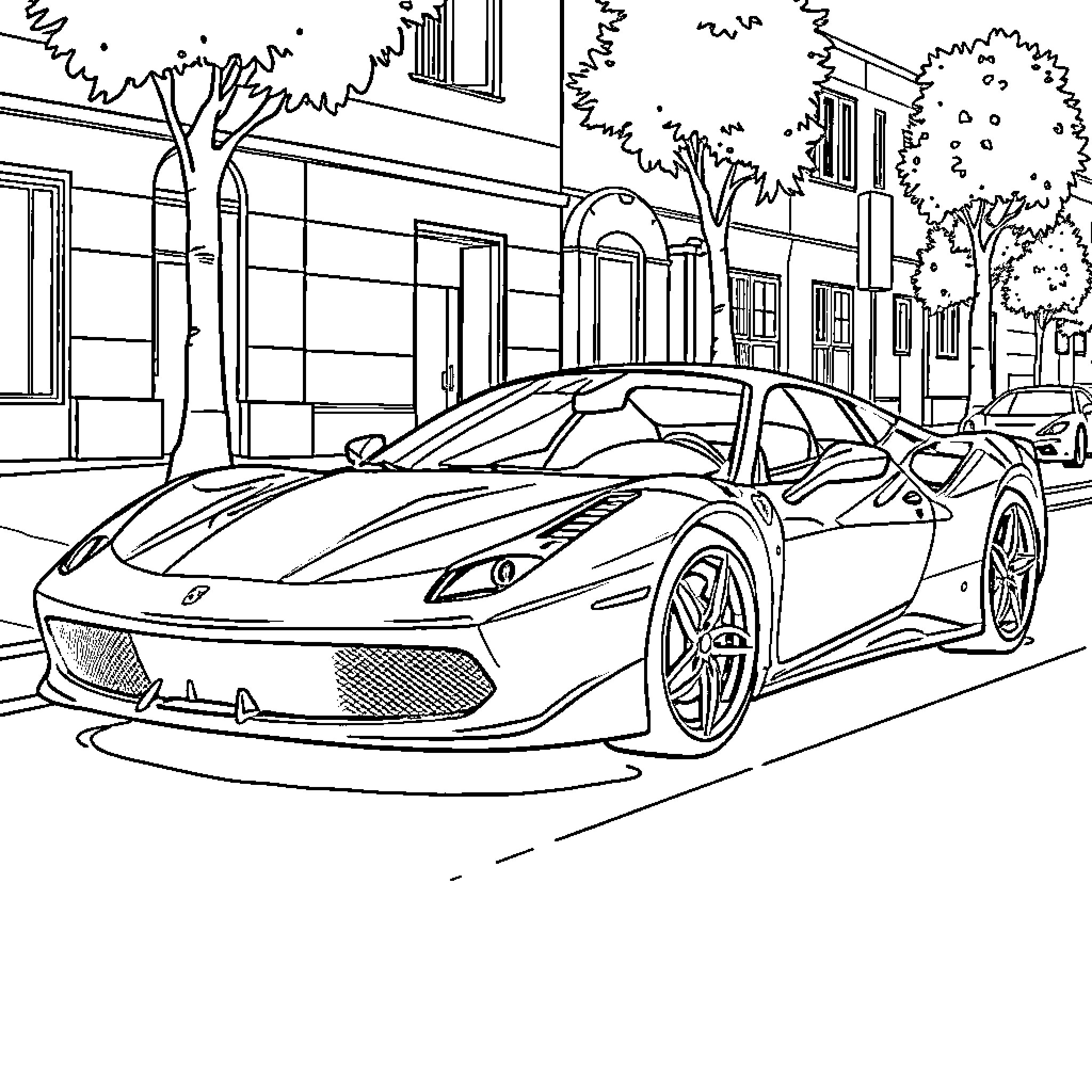 Ferrari Supercar on the Streets Coloring Page (free black-and-white line drawing printable PDF for all, from beginners to advanced learners, including children, teens, adults, and seniors)
