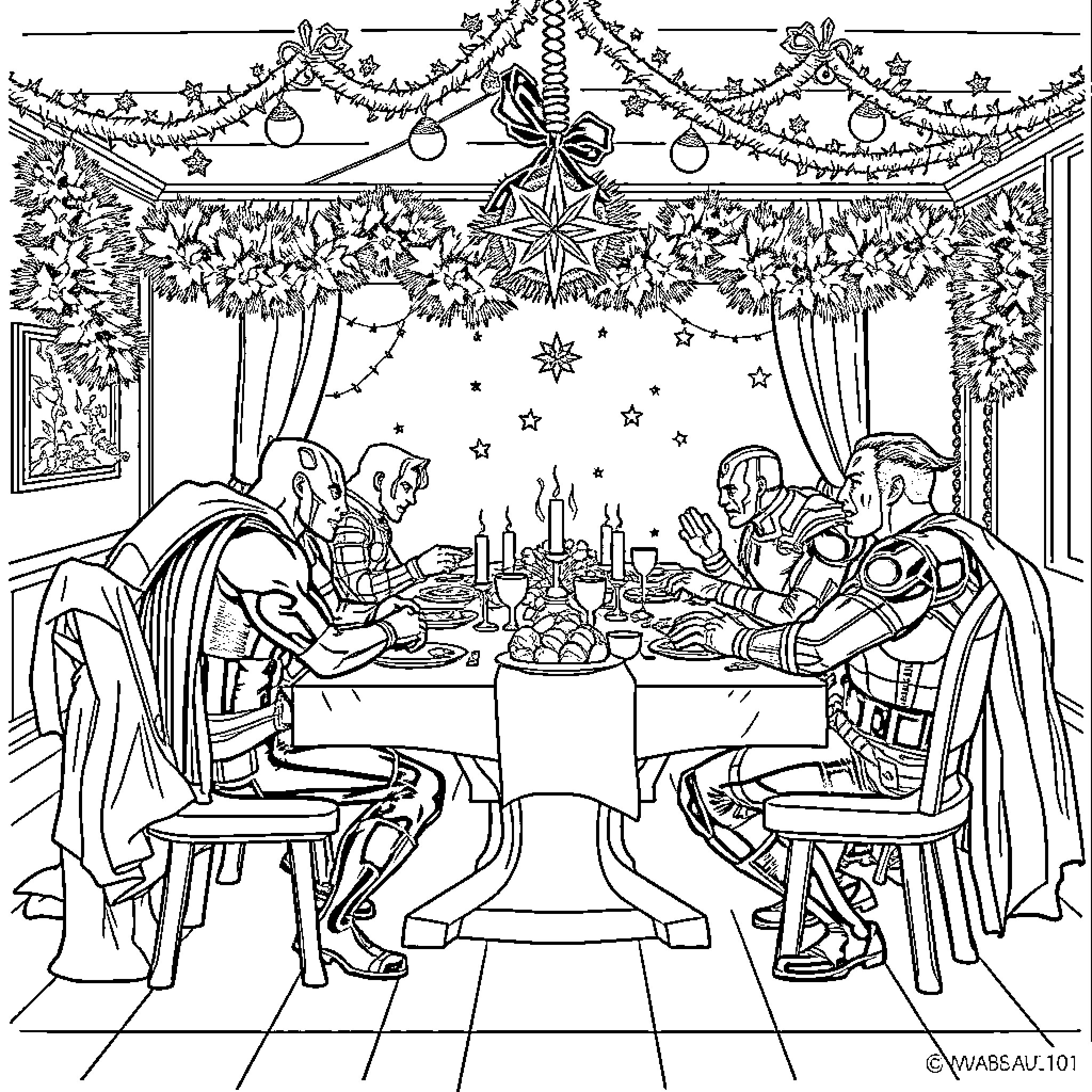 Avengers' Festive Gathering in Decorated Hall Coloring Page (free black-and-white line drawing printable PDF for all, from beginners to advanced learners, including children, teens, adults, and seniors)