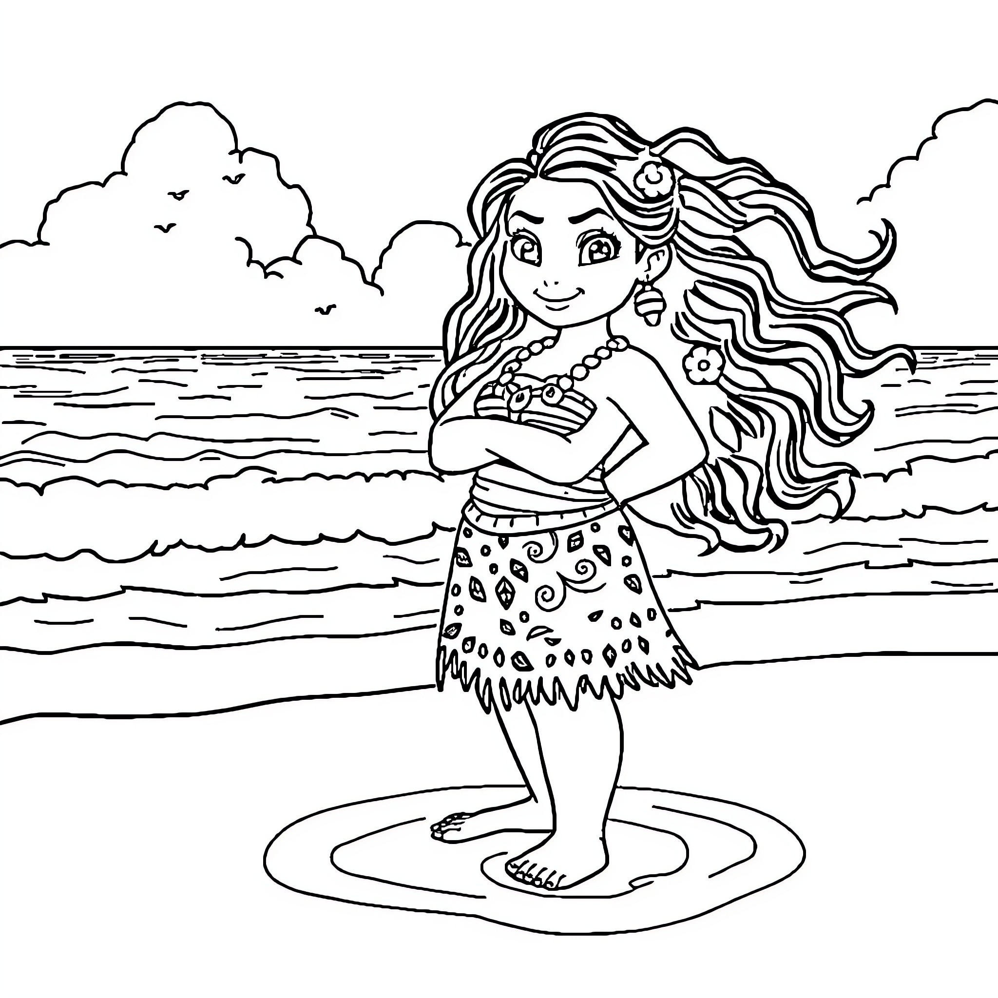 Moana dancing joyfully by the ocean Coloring Page (free black-and-white line drawing printable PDF for all, from beginners to advanced learners, including children, teens, adults, and seniors)