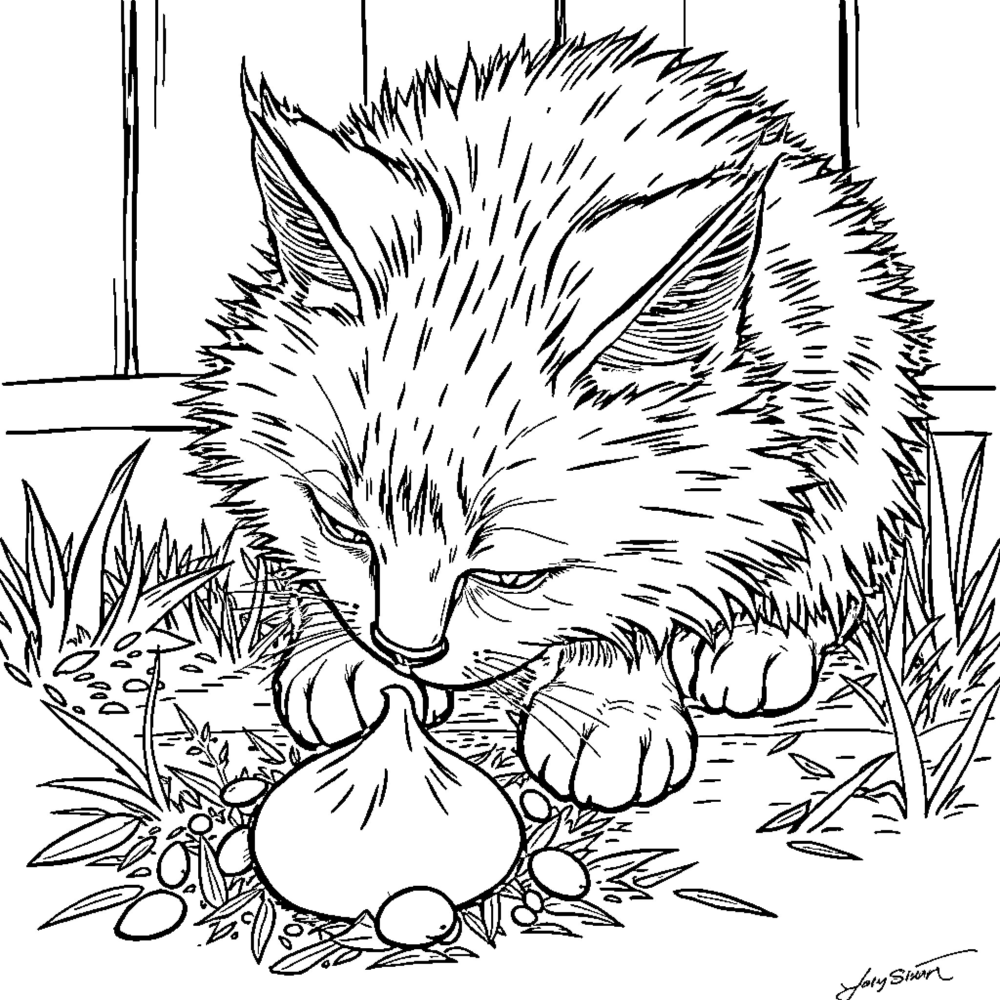 Cat playing with a ball in the grass Coloring Page (free black-and-white line drawing printable PDF for all, from beginners to advanced learners, including children, teens, adults, and seniors)