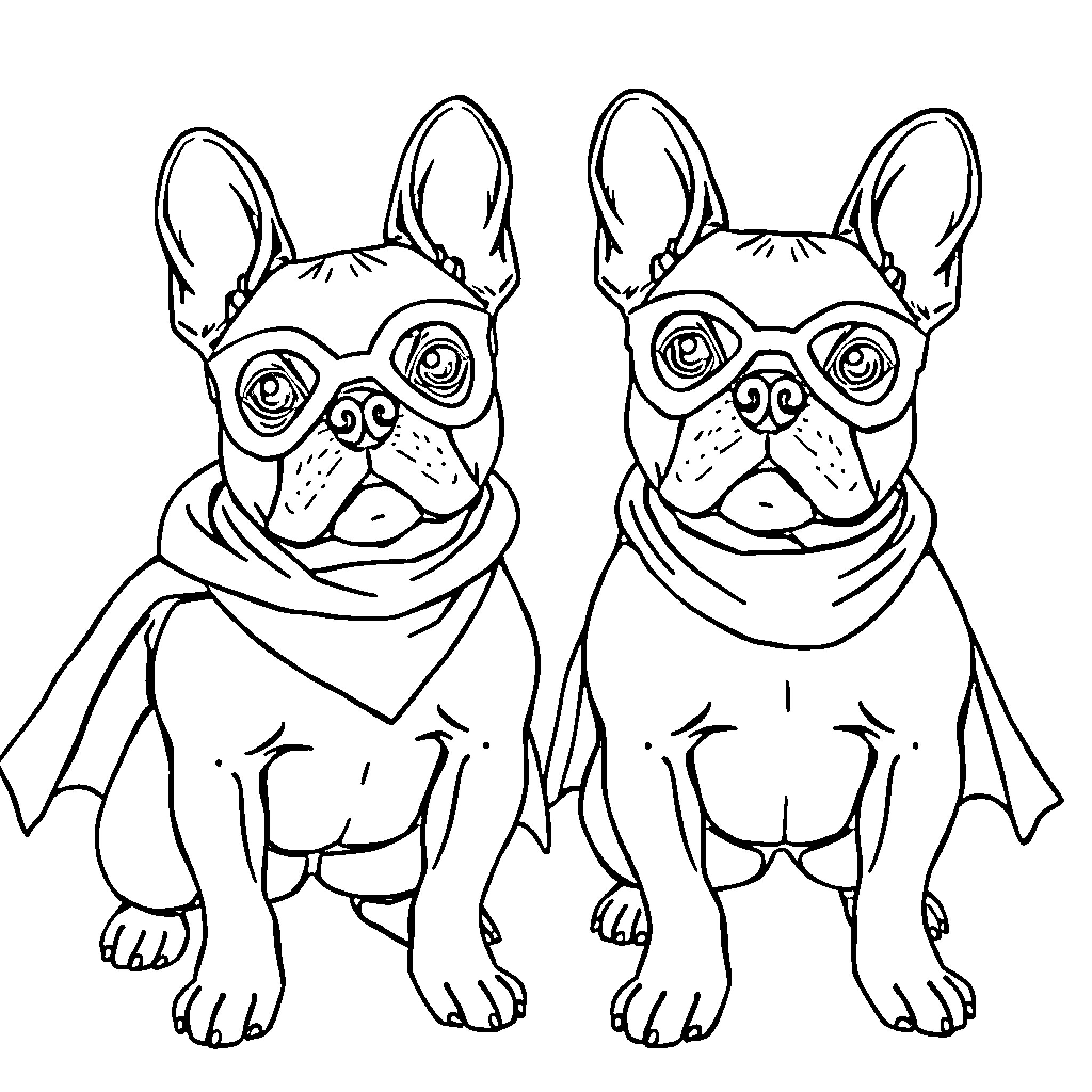 French Bulldogs dressed as superheroes Coloring Page (free black-and-white line drawing printable PDF for all, from beginners to advanced learners, including children, teens, adults, and seniors)