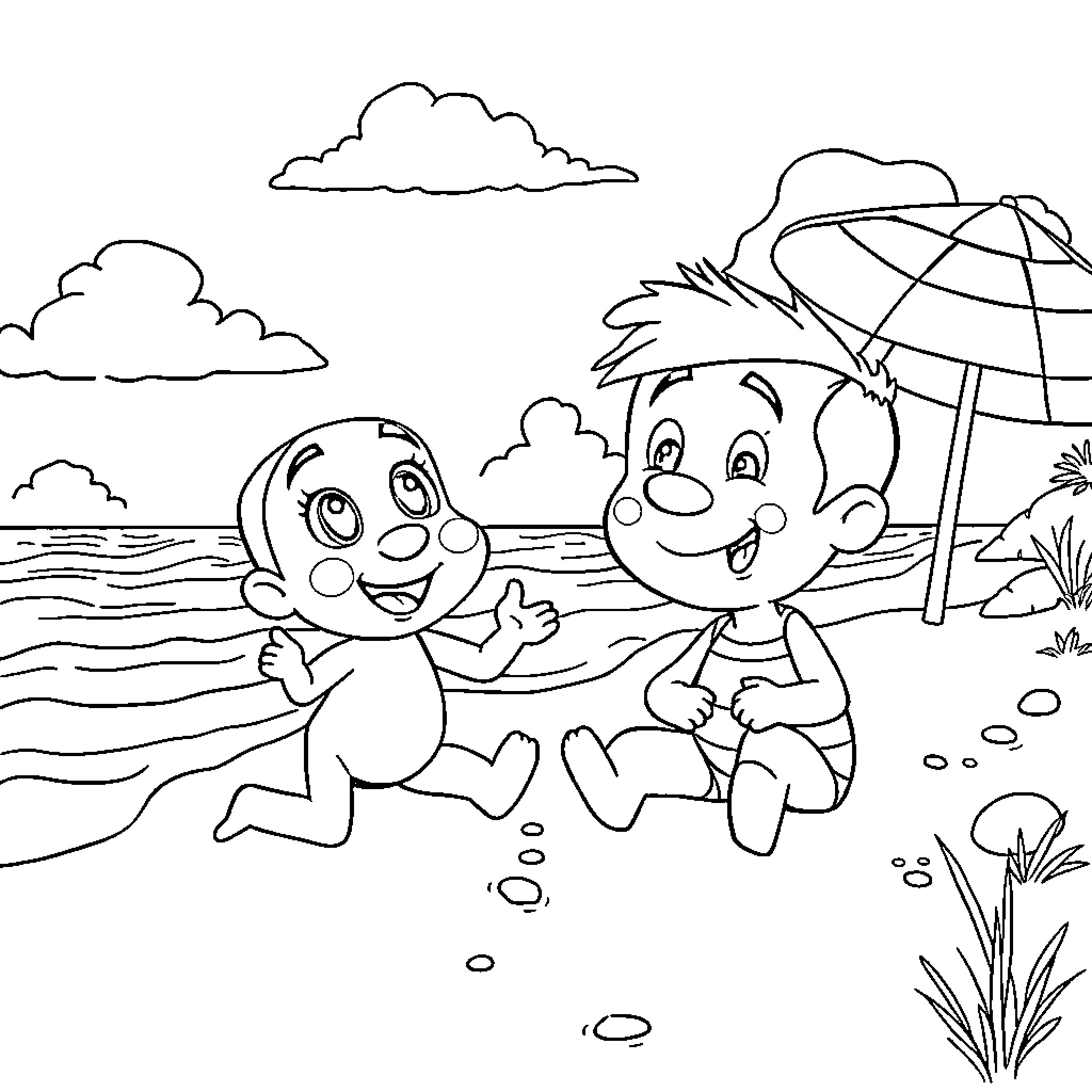 Blue Children Playing Cheerfully at the Beach Coloring Page (free black-and-white line drawing printable PDF for all, from beginners to advanced learners, including children, teens, adults, and seniors)