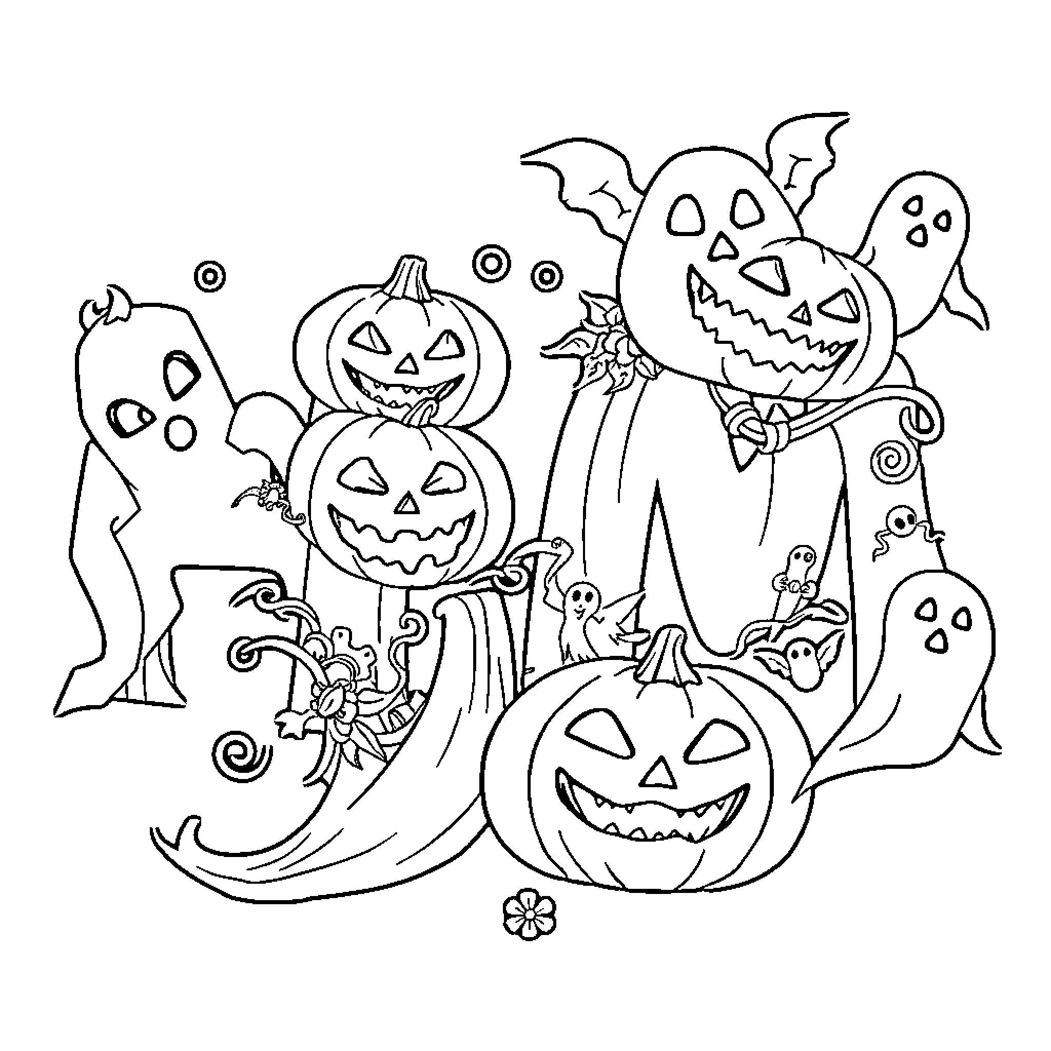 HM Spooky Halloween Scenes with Pumpkins and Ghosts Coloring Page (free black-and-white line drawing printable PDF for all, from beginners to advanced learners, including children, teens, adults, and seniors)