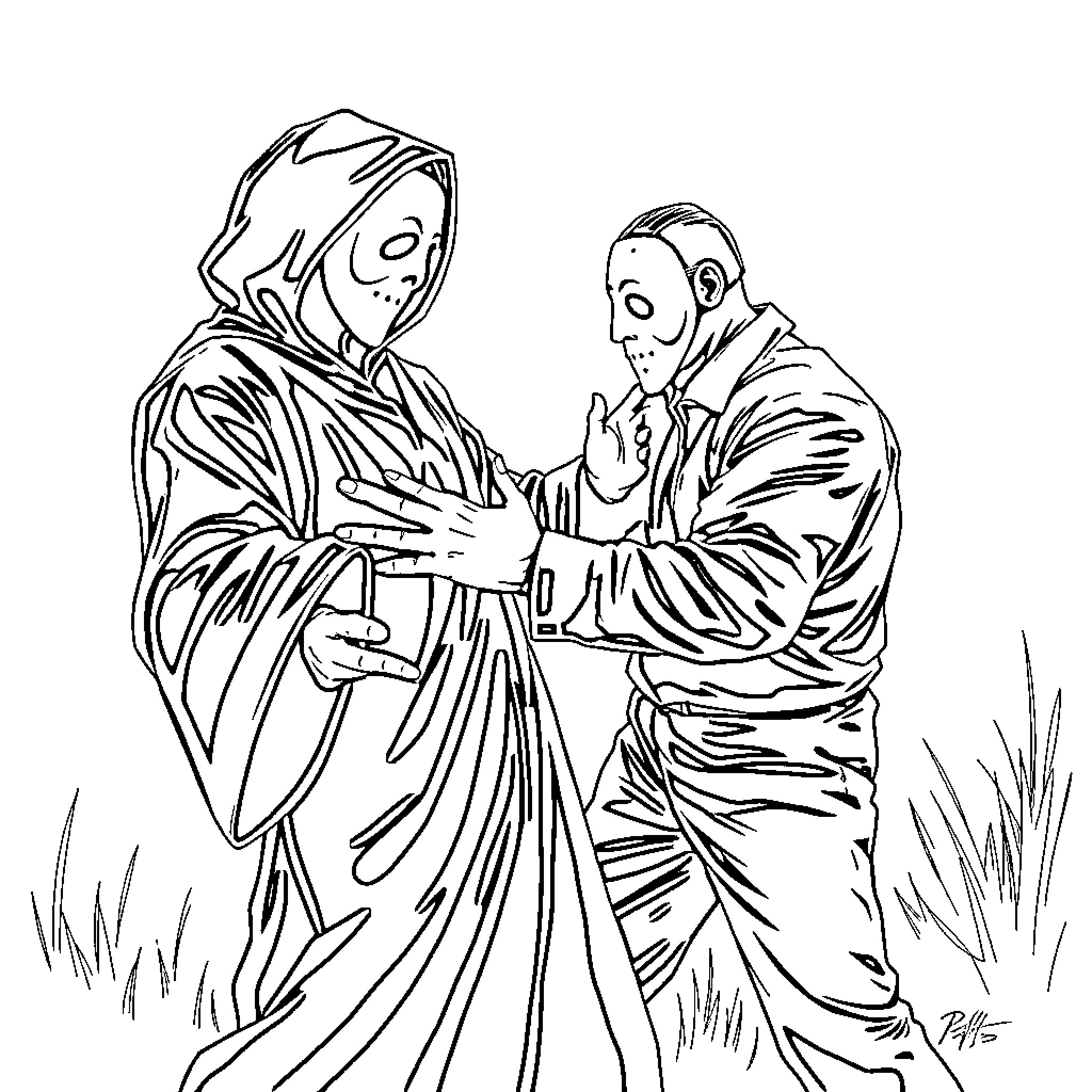 Ghostface Characters in Discussion Coloring Page (free black-and-white line drawing printable PDF for all, from beginners to advanced learners, including children, teens, adults, and seniors)