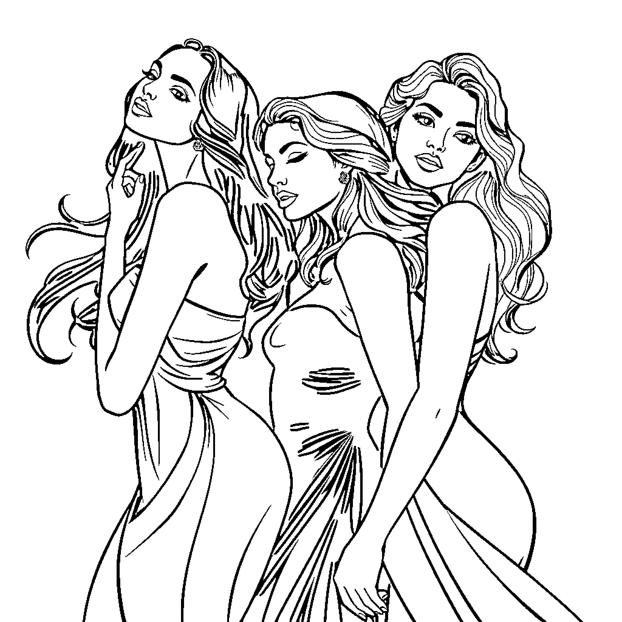 Woman in glamorous dresses posing together Coloring Page (free black-and-white line drawing printable PDF for all, from beginners to advanced learners, including children, teens, adults, and seniors)