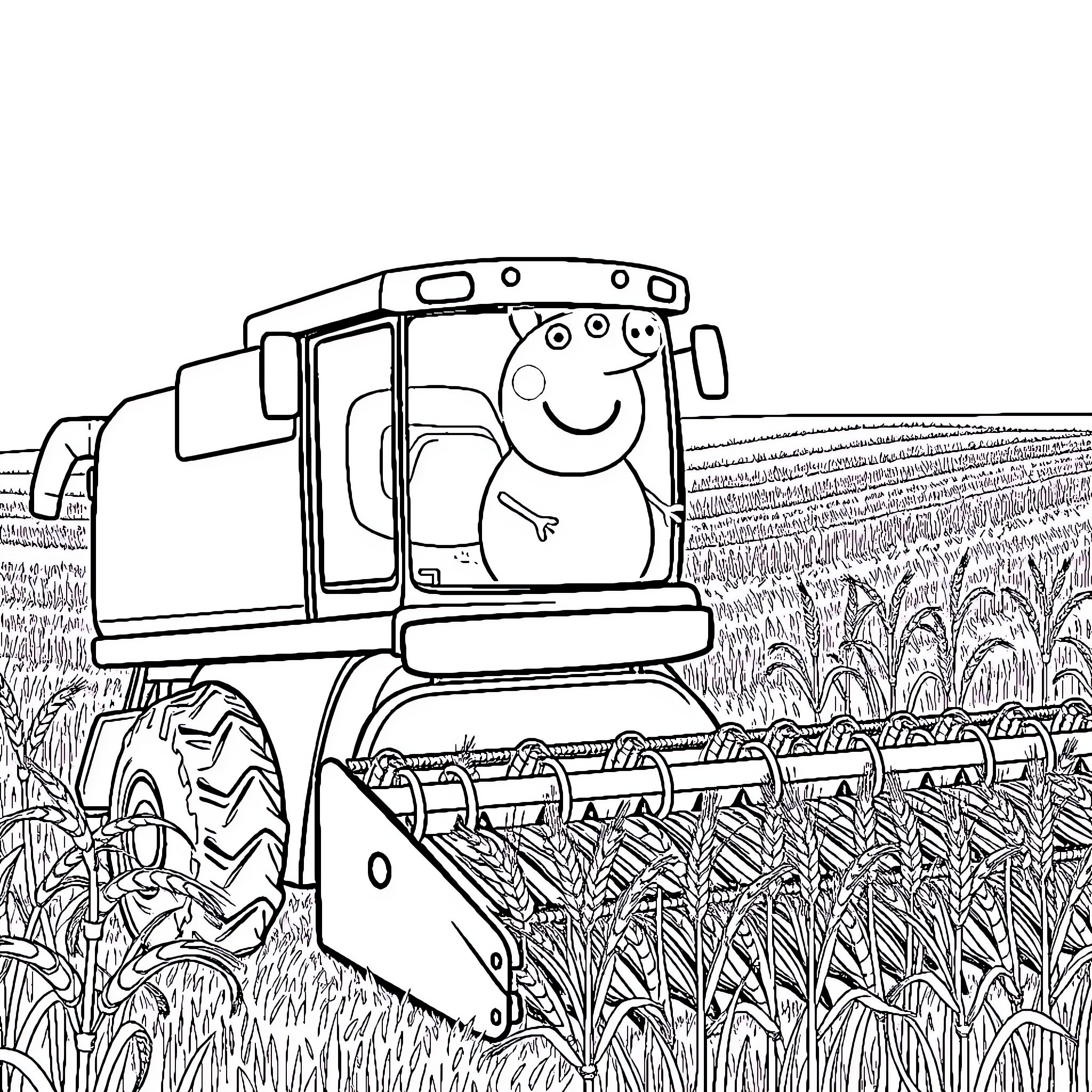 Peppa Pig riding a happy tractor in the farm Coloring Page (free black-and-white line drawing printable PDF for all, from beginners to advanced learners, including children, teens, adults, and seniors)