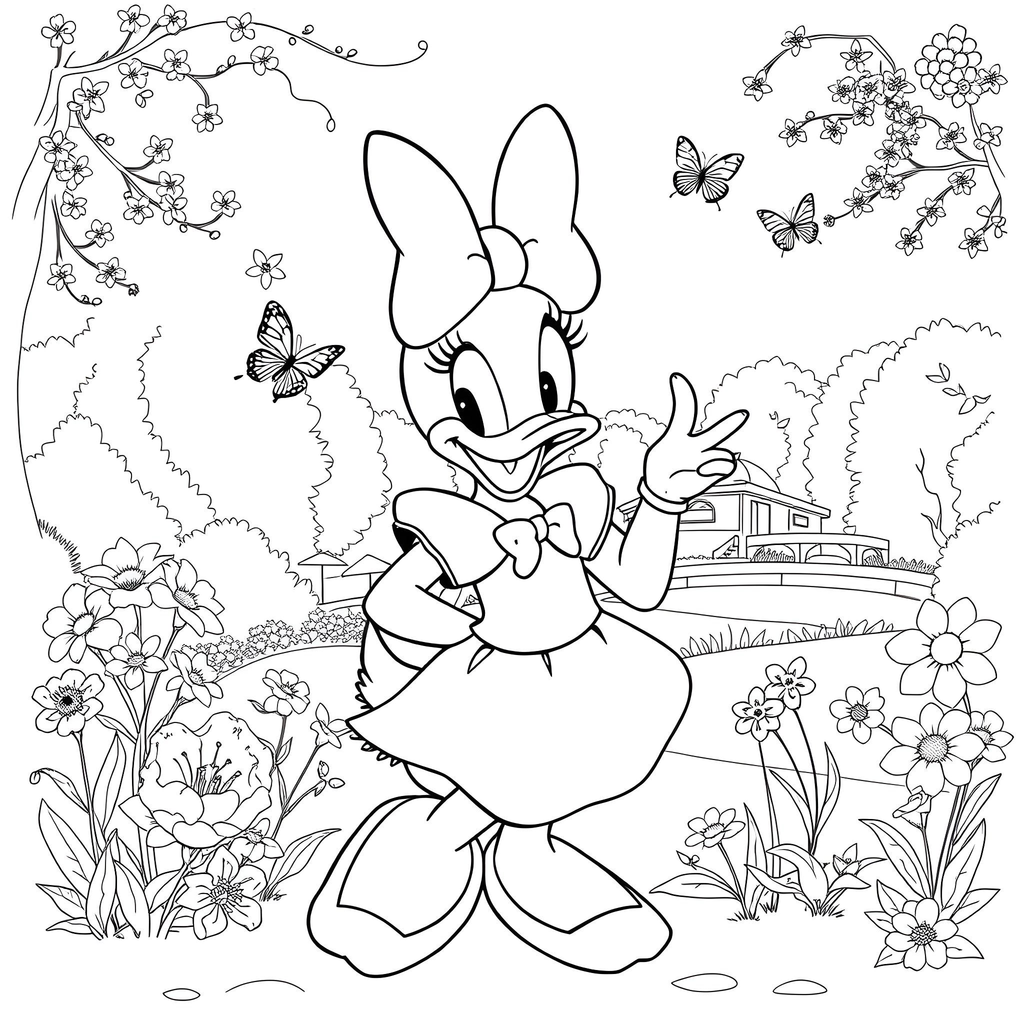 Daisy Duck explores a whimsical floral landscape Coloring Page (free black-and-white line drawing printable PDF for all, from beginners to advanced learners, including children, teens, adults, and seniors)