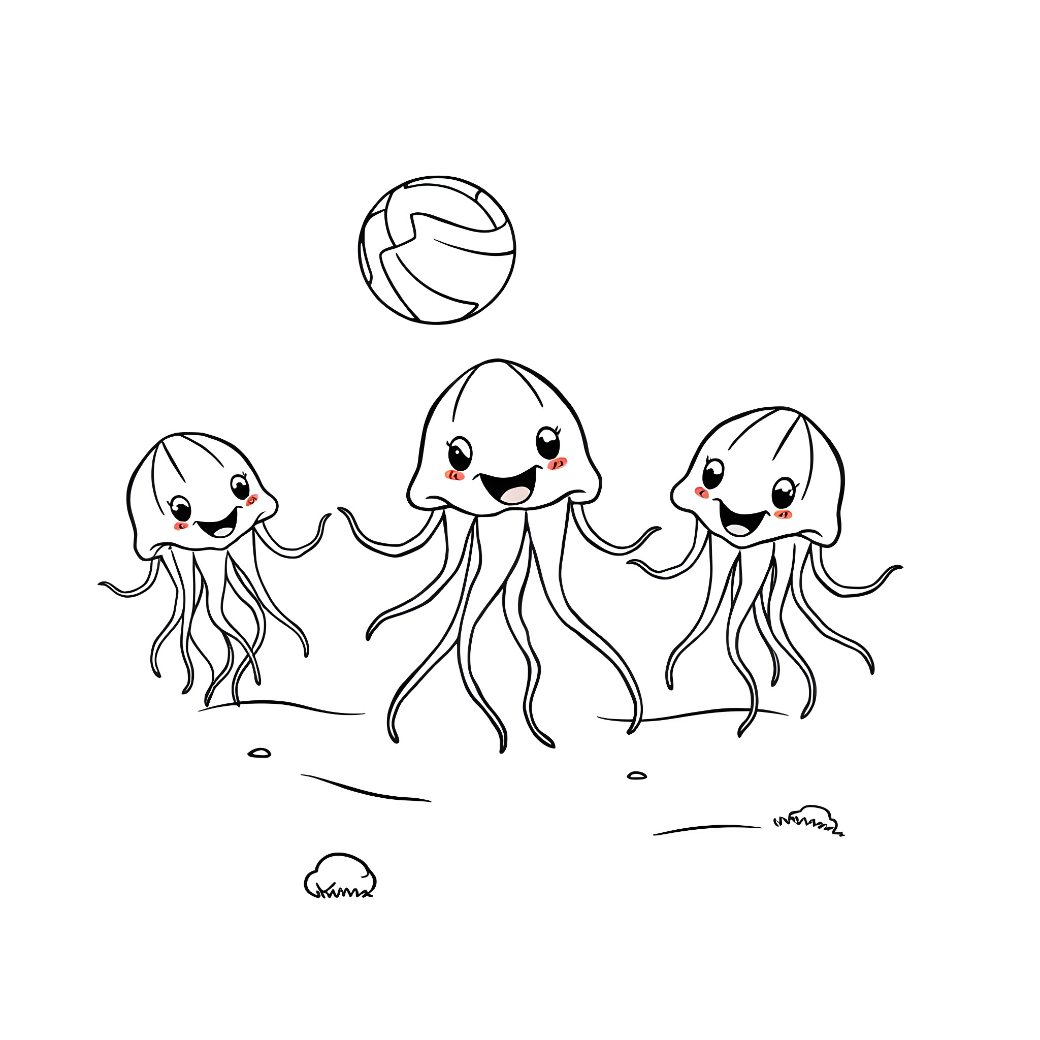 Jellyfish playing with beach ball happily Coloring Page (free black-and-white line drawing printable PDF for all, from beginners to advanced learners, including children, teens, adults, and seniors)