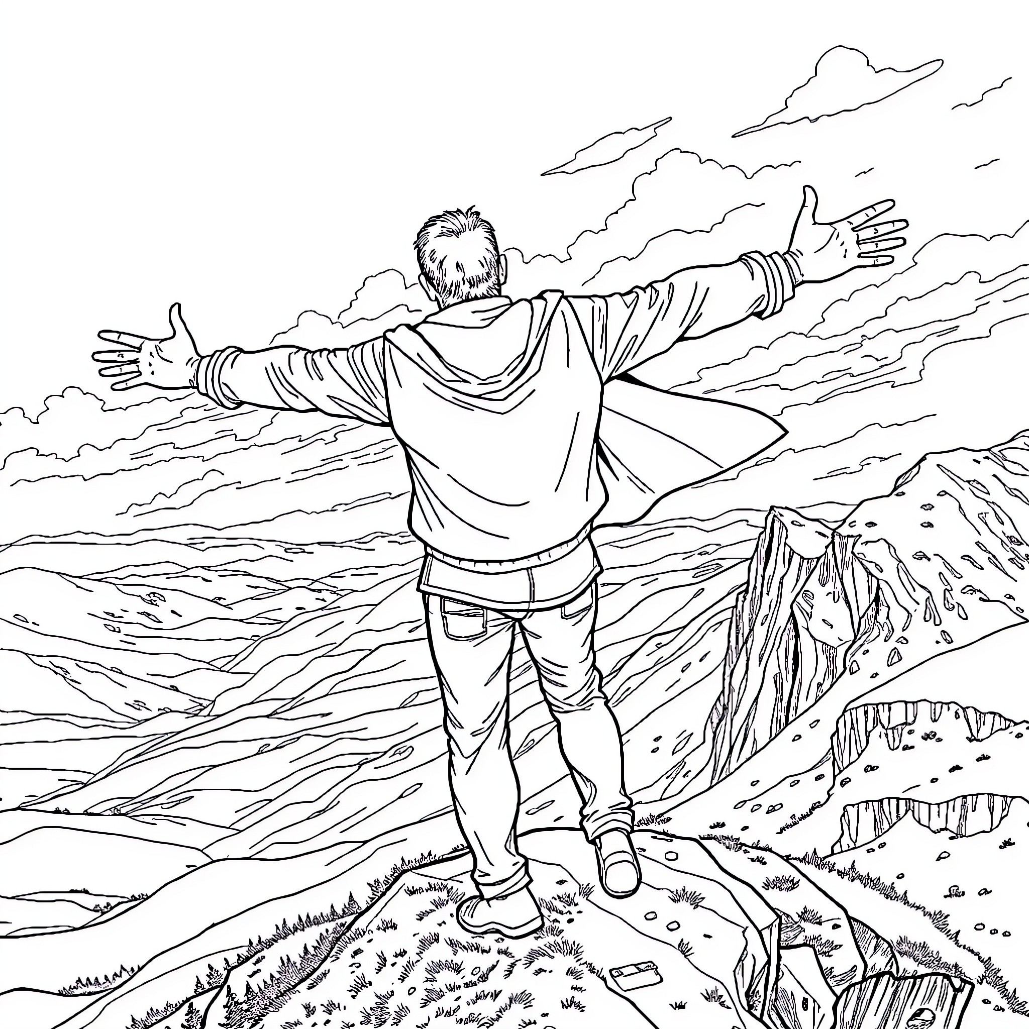 Man Embracing the Outdoors in Awe Coloring Page (free black-and-white line drawing printable PDF for all, from beginners to advanced learners, including children, teens, adults, and seniors)