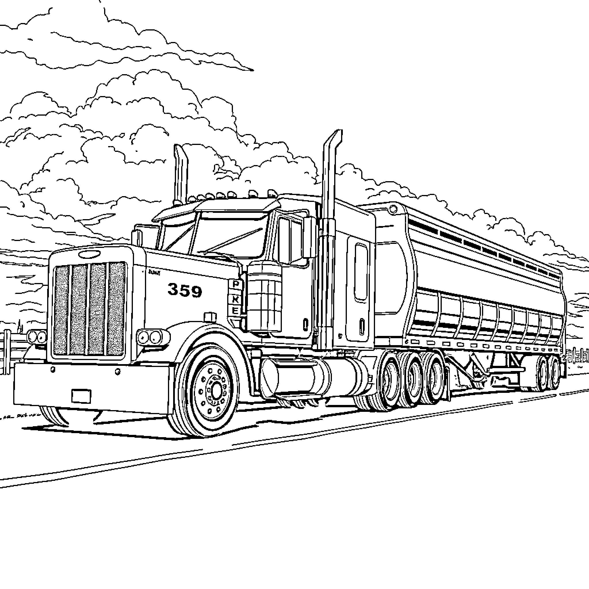 Peterbilt Truck Traversing Rugged Terrain Coloring Page (free black-and-white line drawing printable PDF for all, from beginners to advanced learners, including children, teens, adults, and seniors)