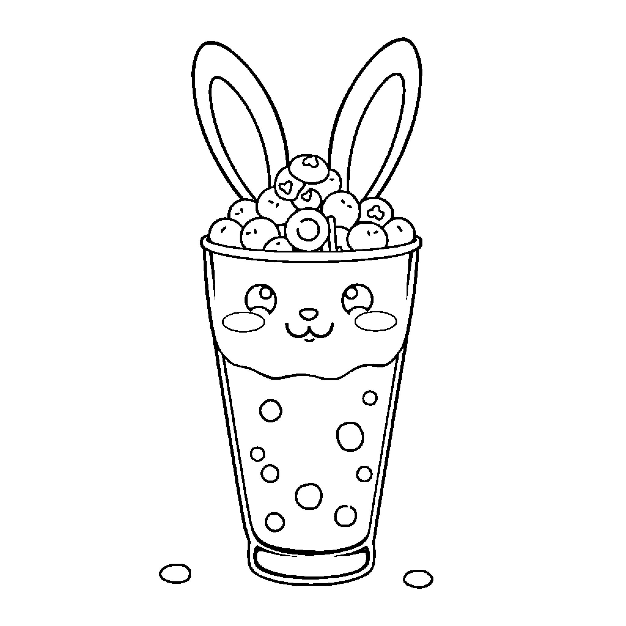 Bunny peeking out from bubbly drink Coloring Page (free black-and-white line drawing printable PDF for all, from beginners to advanced learners, including children, teens, adults, and seniors)