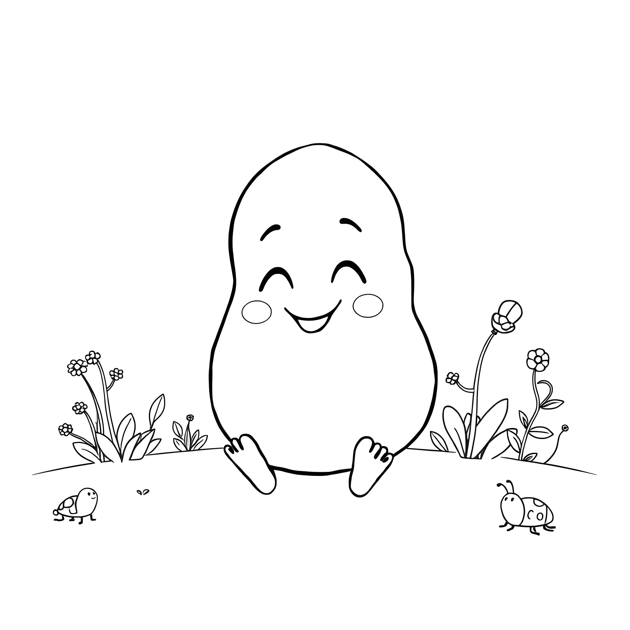 Potato character playing happily in the garden Coloring Page (free black-and-white line drawing printable PDF for all, from beginners to advanced learners, including children, teens, adults, and seniors)